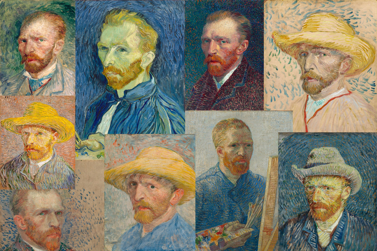 フィンセント・ファン・ゴッホの自画像9点。多くは1886年から1888年にパリで描かれ、麦わら帽子姿のものもあります