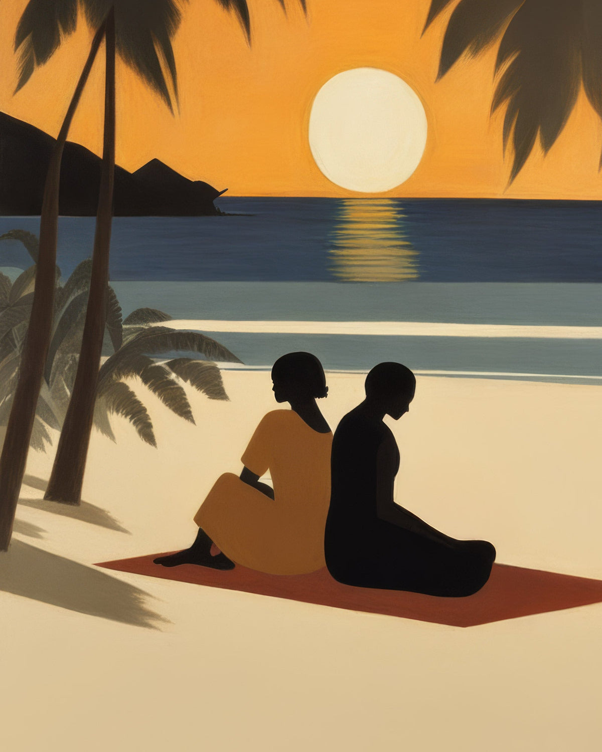 Illustration of two figures sitting on a red blanket on a beach under palm trees, facing an orange sunset over the sea