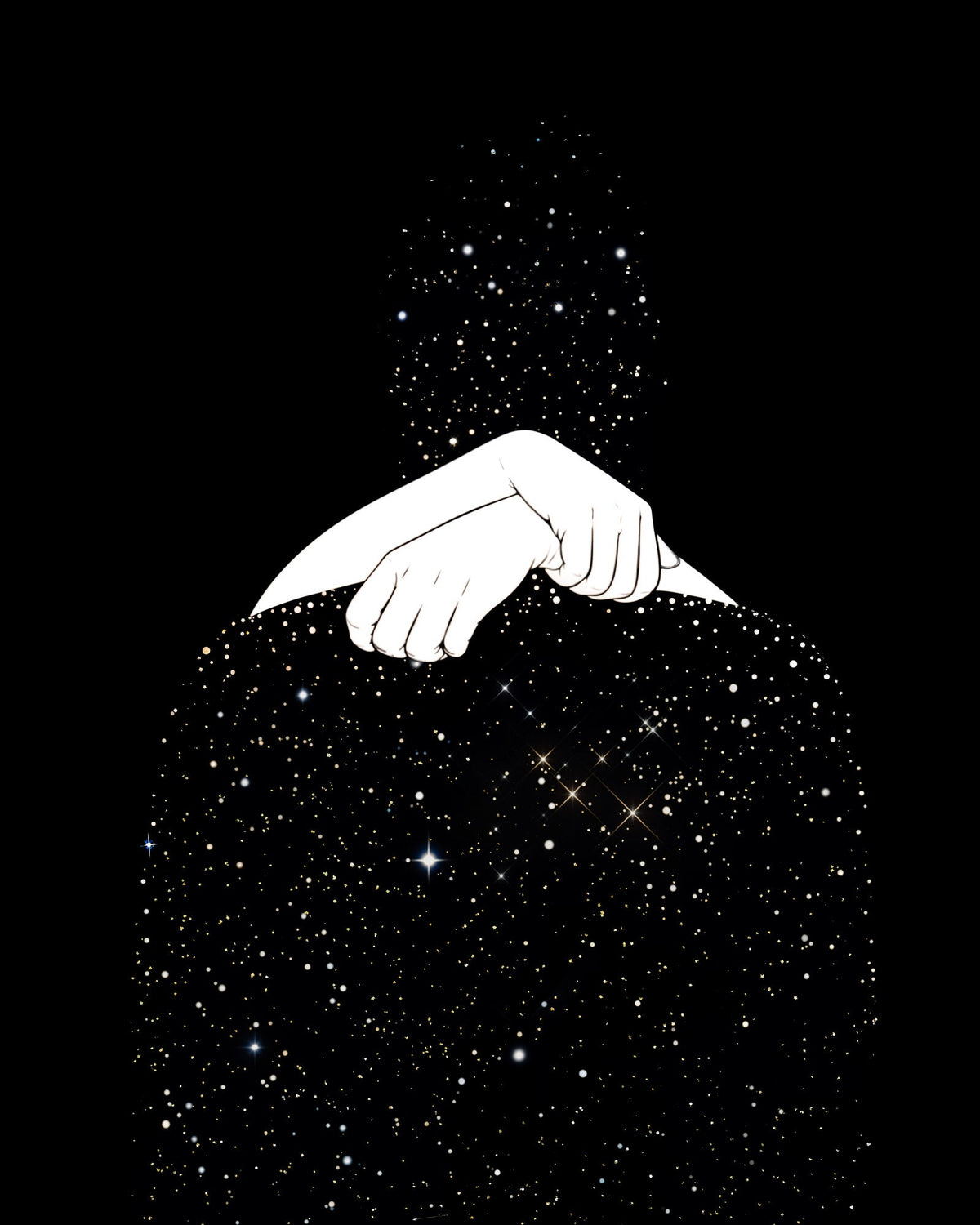 Black-and-white illustration of a figure made of a starry night sky, with two white arms crossed at the shoulders