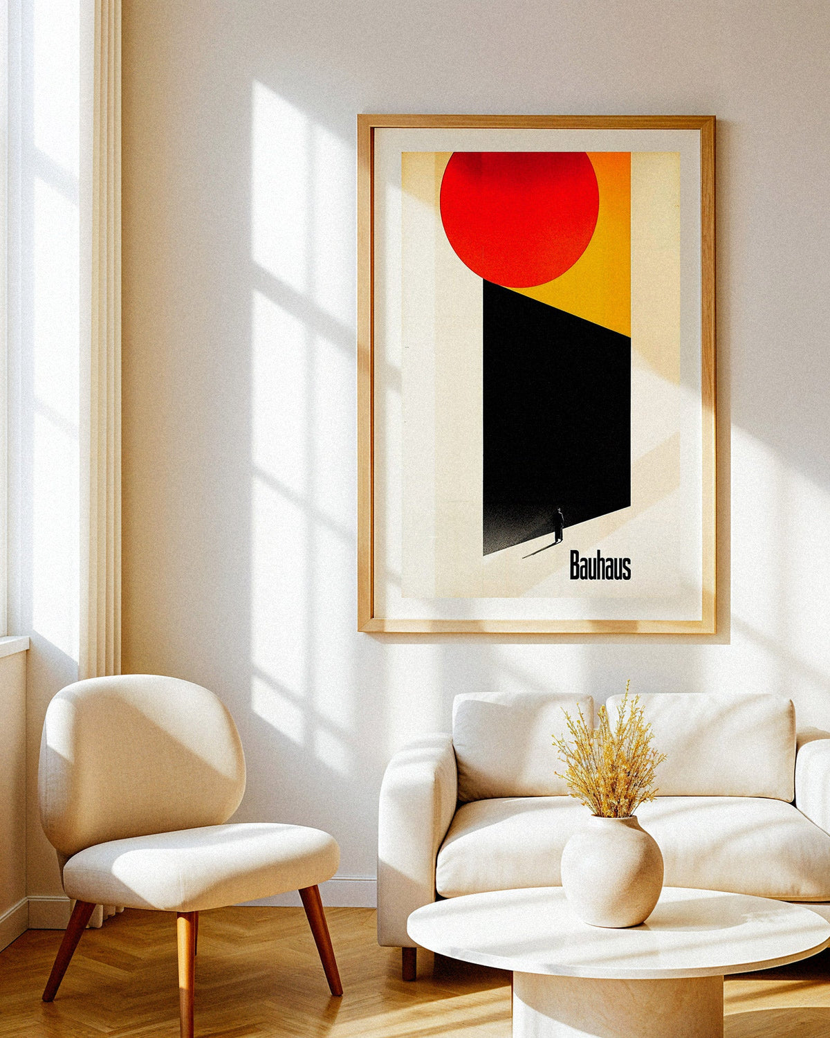 Bright living room with a framed Bauhaus poster showing a red sun and a lone figure, above a white sofa
