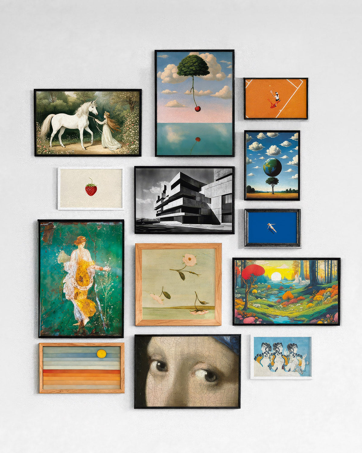Gallery wall of framed Posterscape posters: a white unicorn, a floating tree over the sea, a brutalist building, a Pompeii fresco and a Vermeer detail
