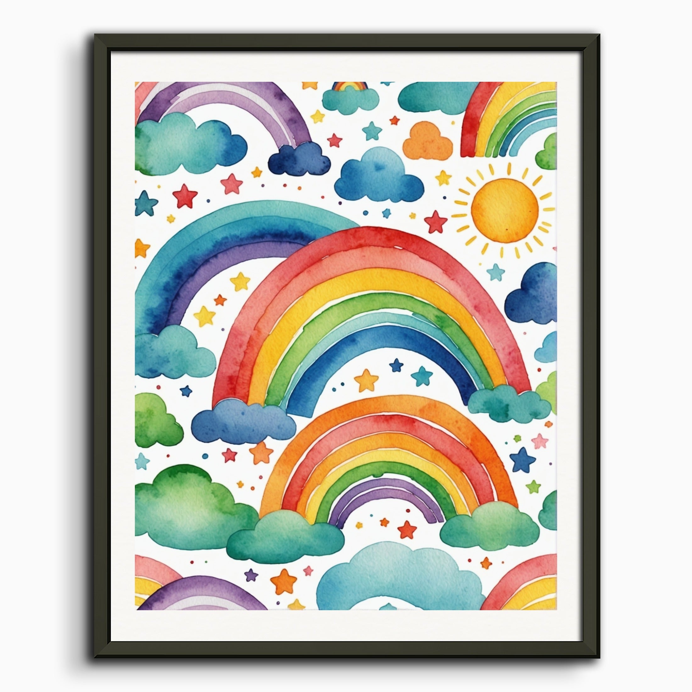 ポスター:子供のような水彩画、白い背景に虹