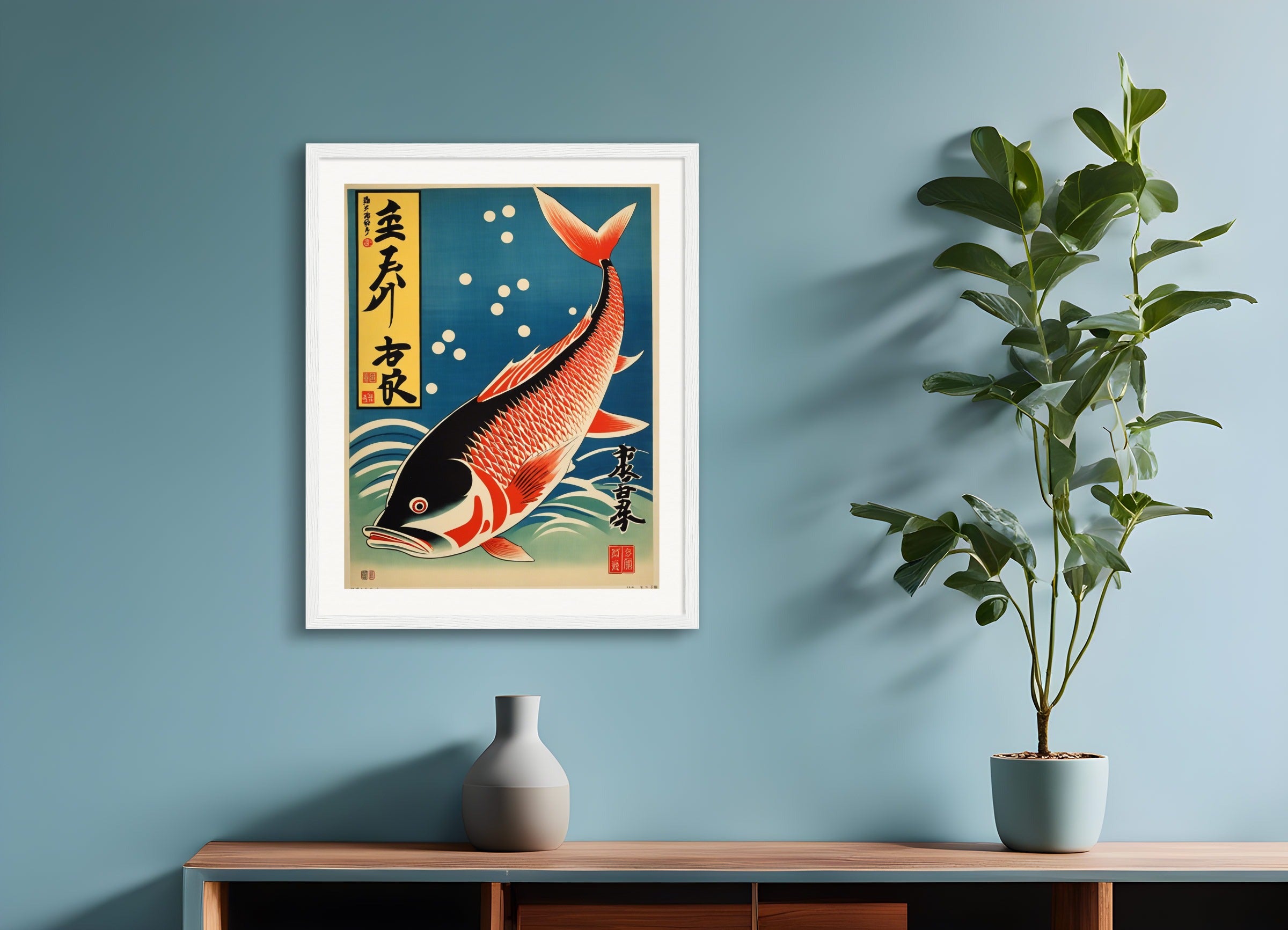 木製フレーム付きポスター:日本のヴィンテージポスター、魚