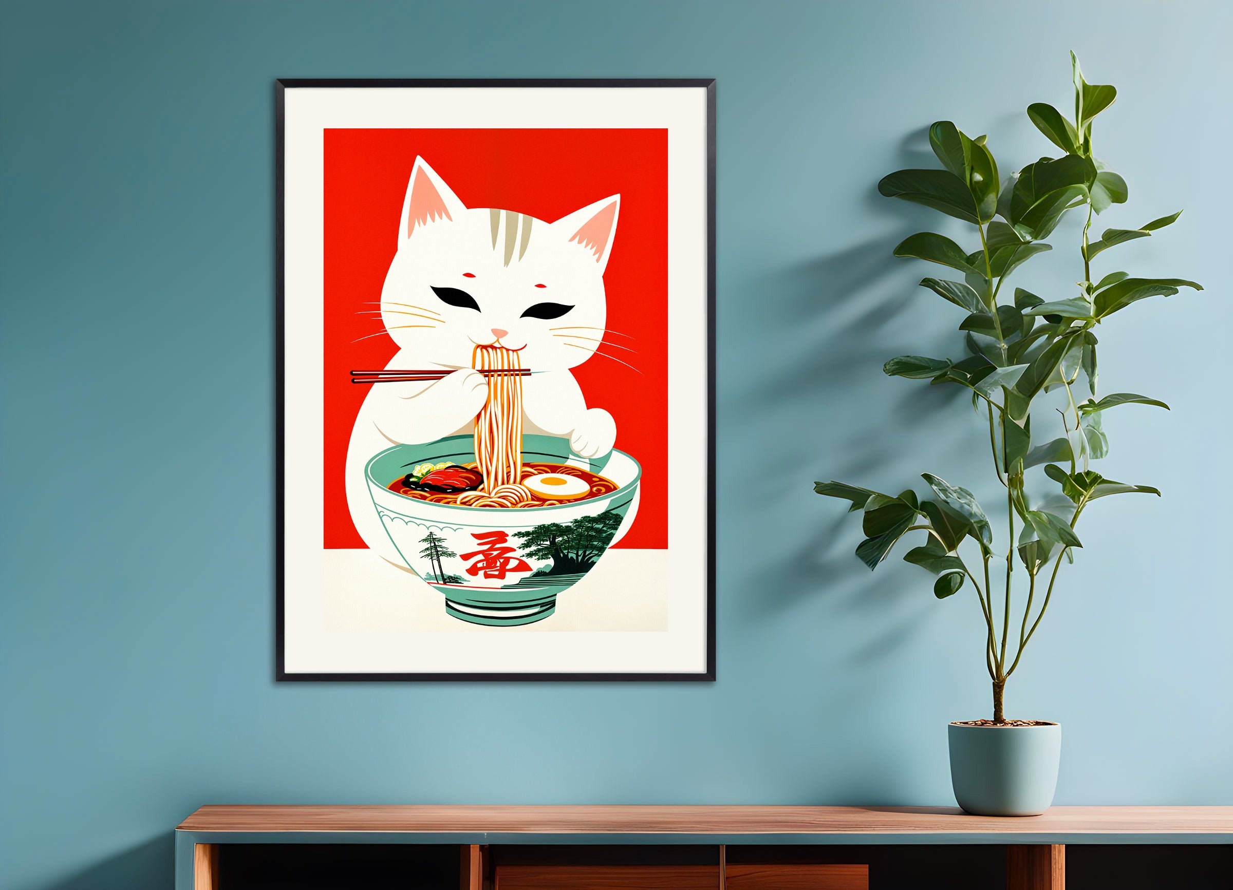 メタルフレーム付きポスター:ラーメン&猫、アジア料理店