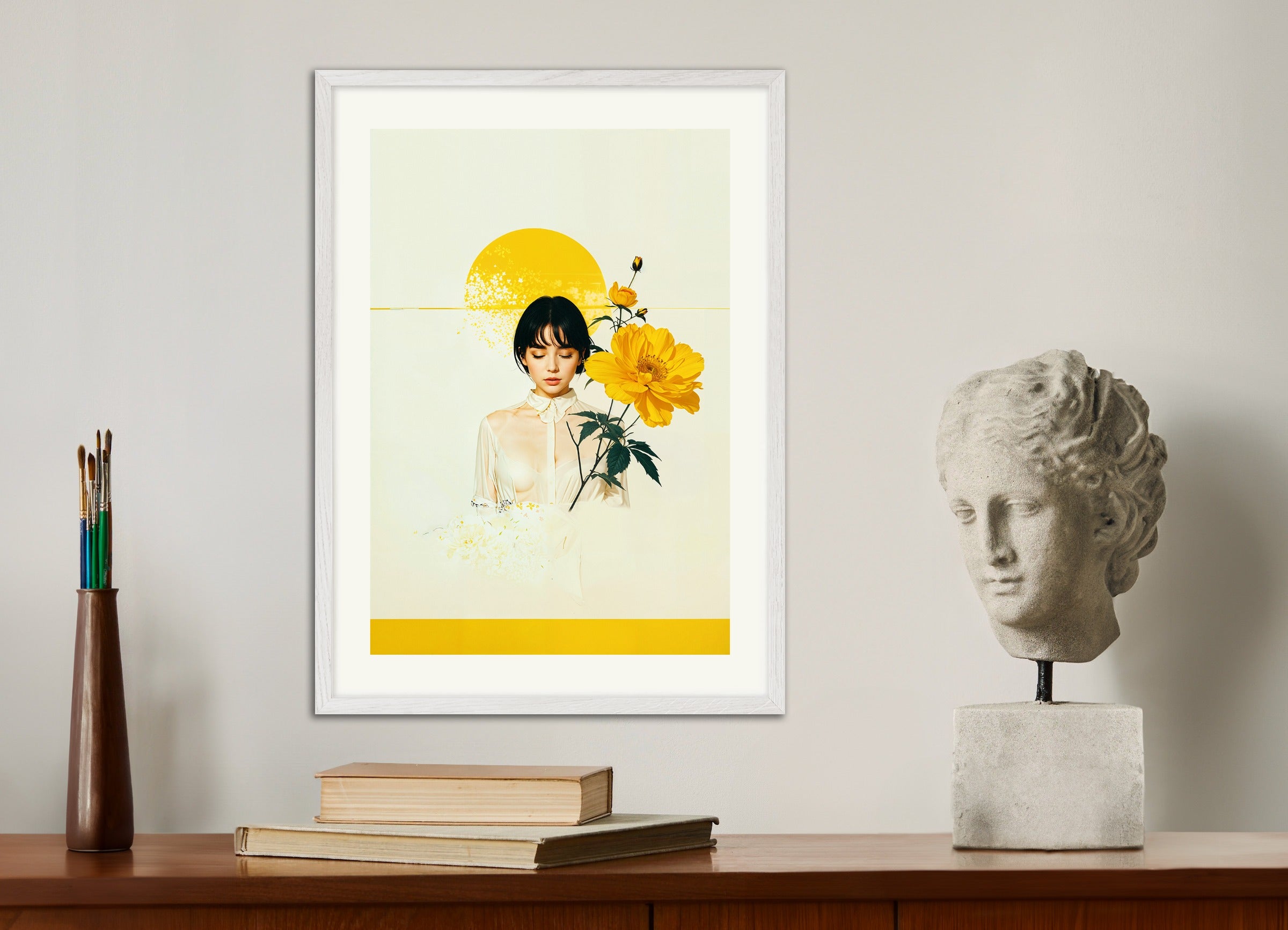 白い木製フレームのポスター: Here comes the Sun