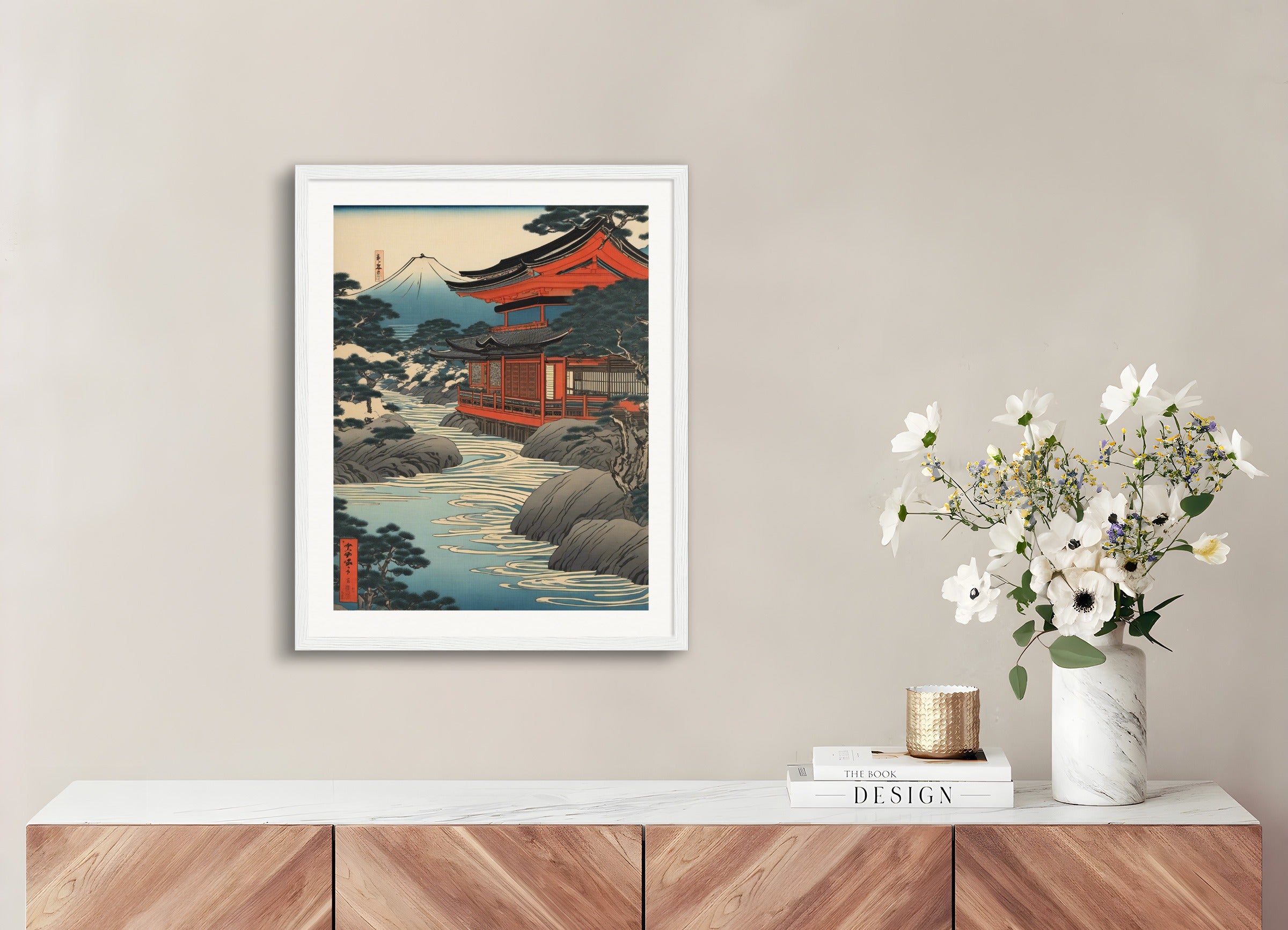 木製フレーム付きポスター:浮世絵、川