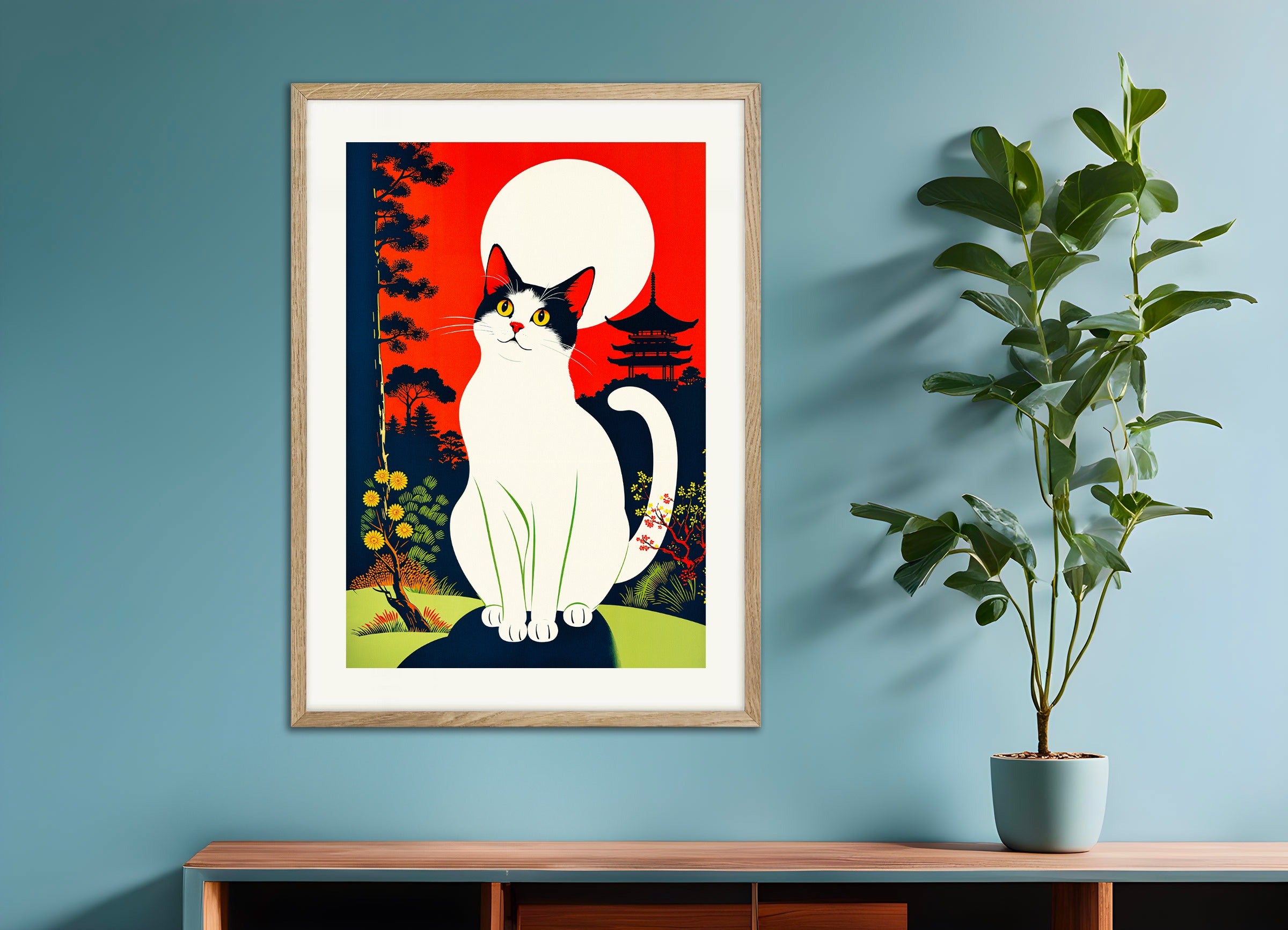ナチュラルウッドフレームのポスター:猫と月