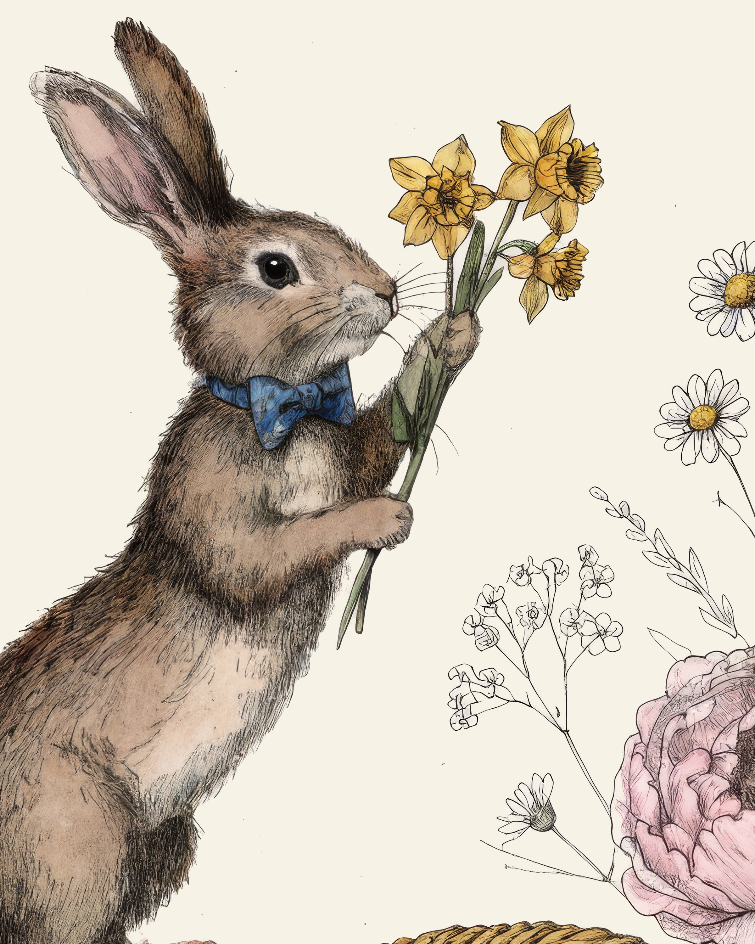 イースターバスケットを持った蝶ネクタイウサギのアートポスタ - ポスター