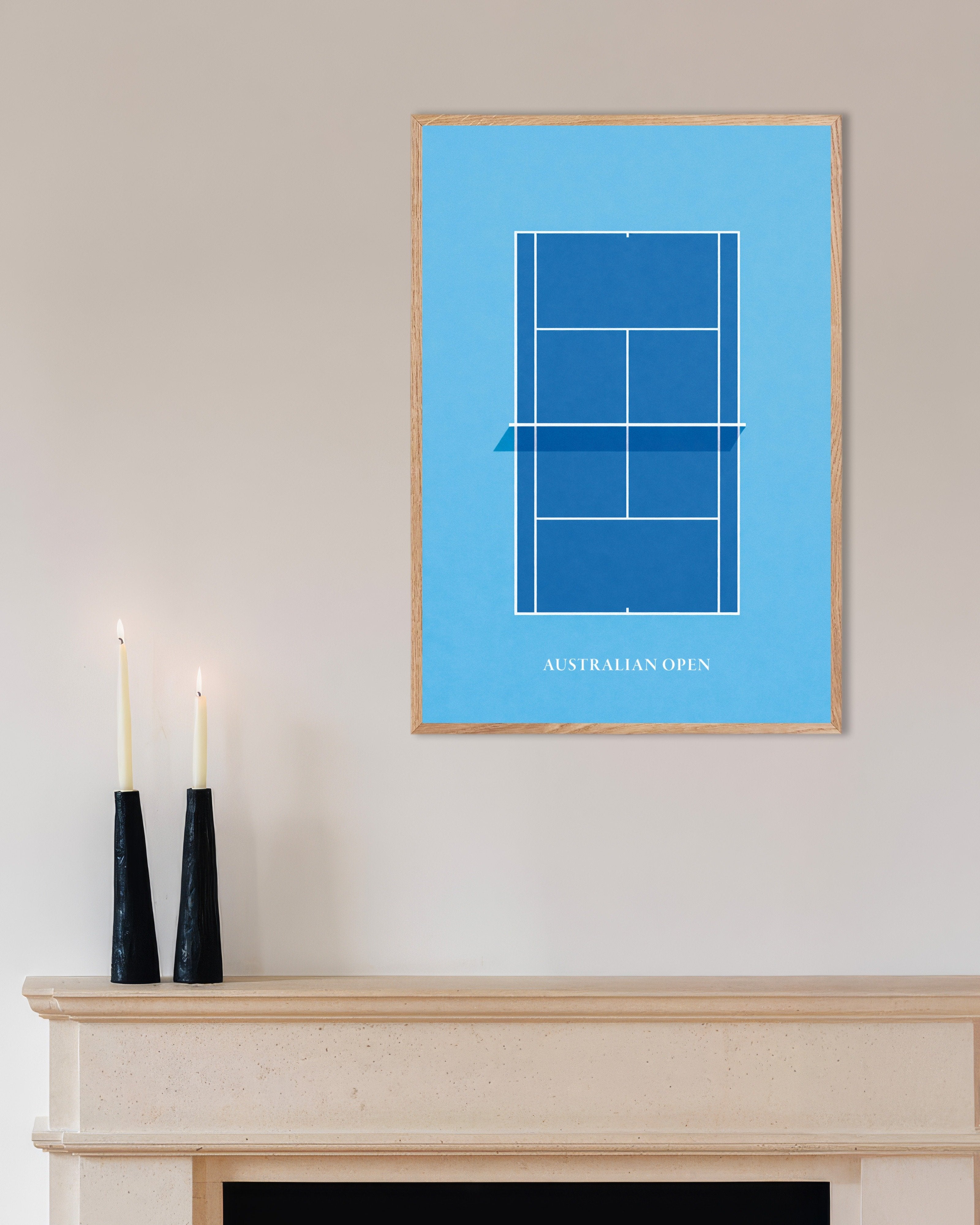 Poster of Australian Open tennis poster – Minimalist blue court art print, with natural wooden frame