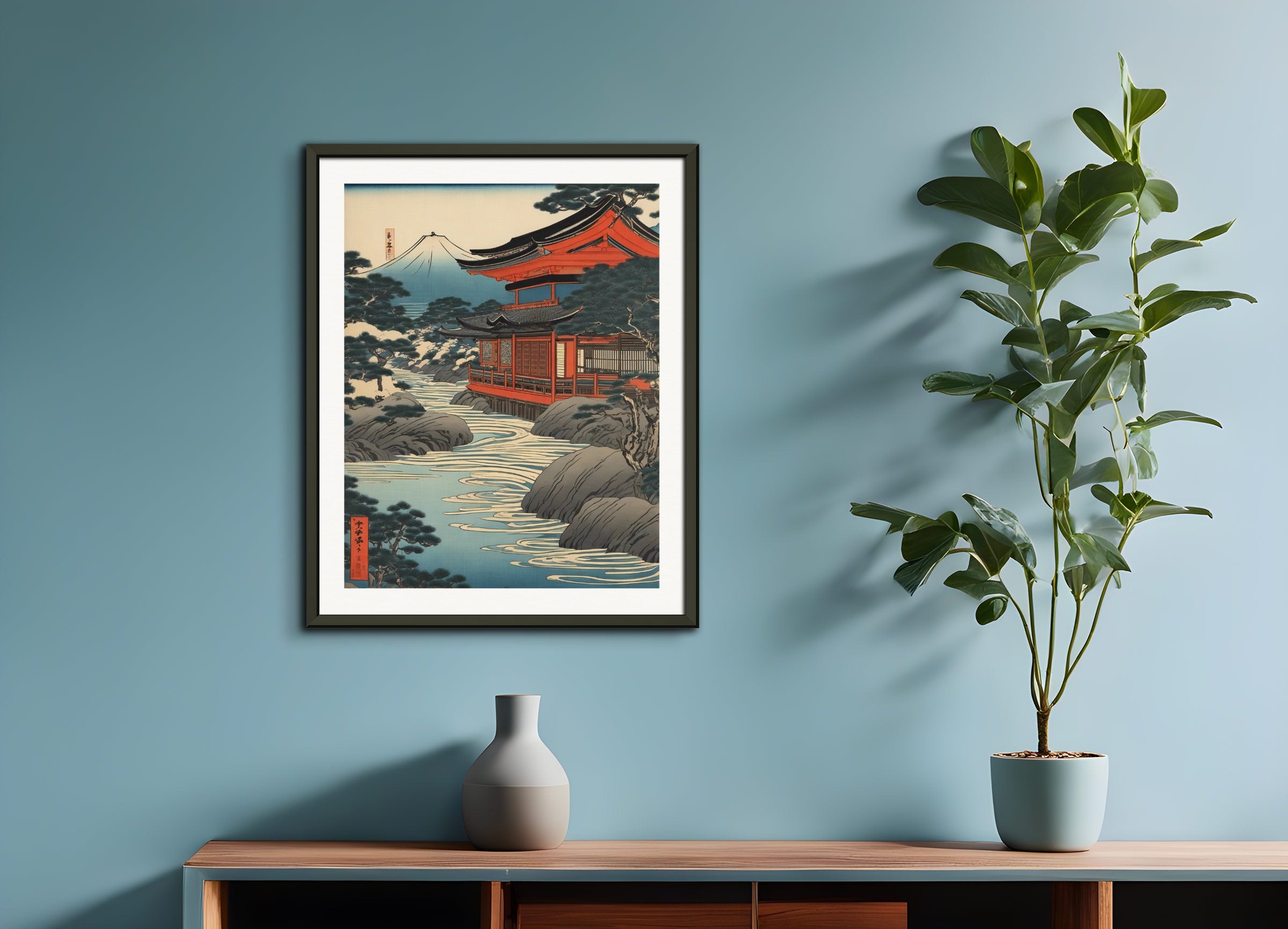 金属フレーム付きポスター:浮世絵、川
