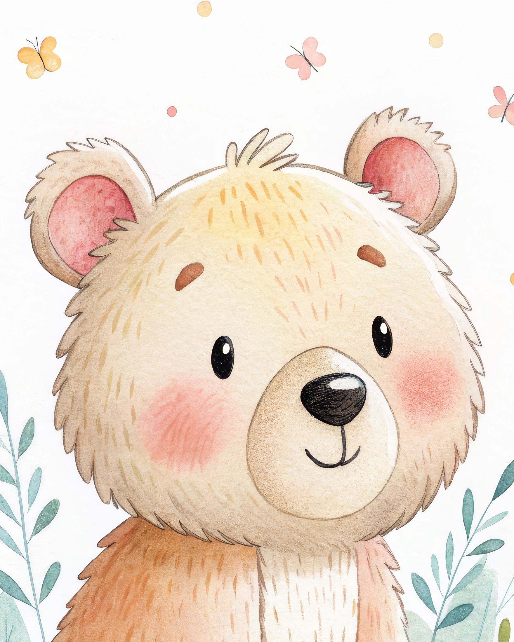 かわいいクマのポスター - 蝶々のいるナーサリーウォールアート