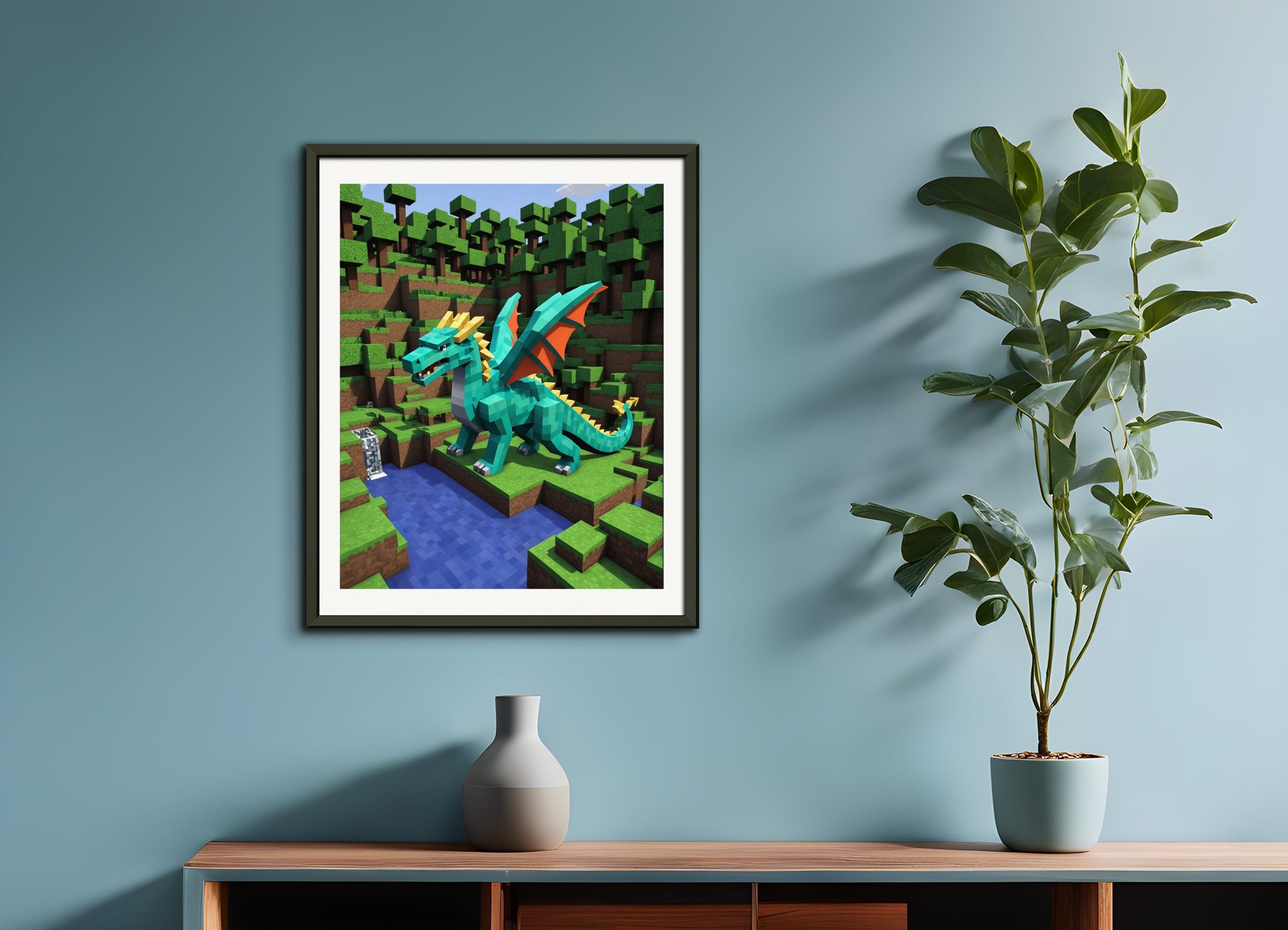メタルフレーム付きポスター:マインクラフト、ドラゴン
