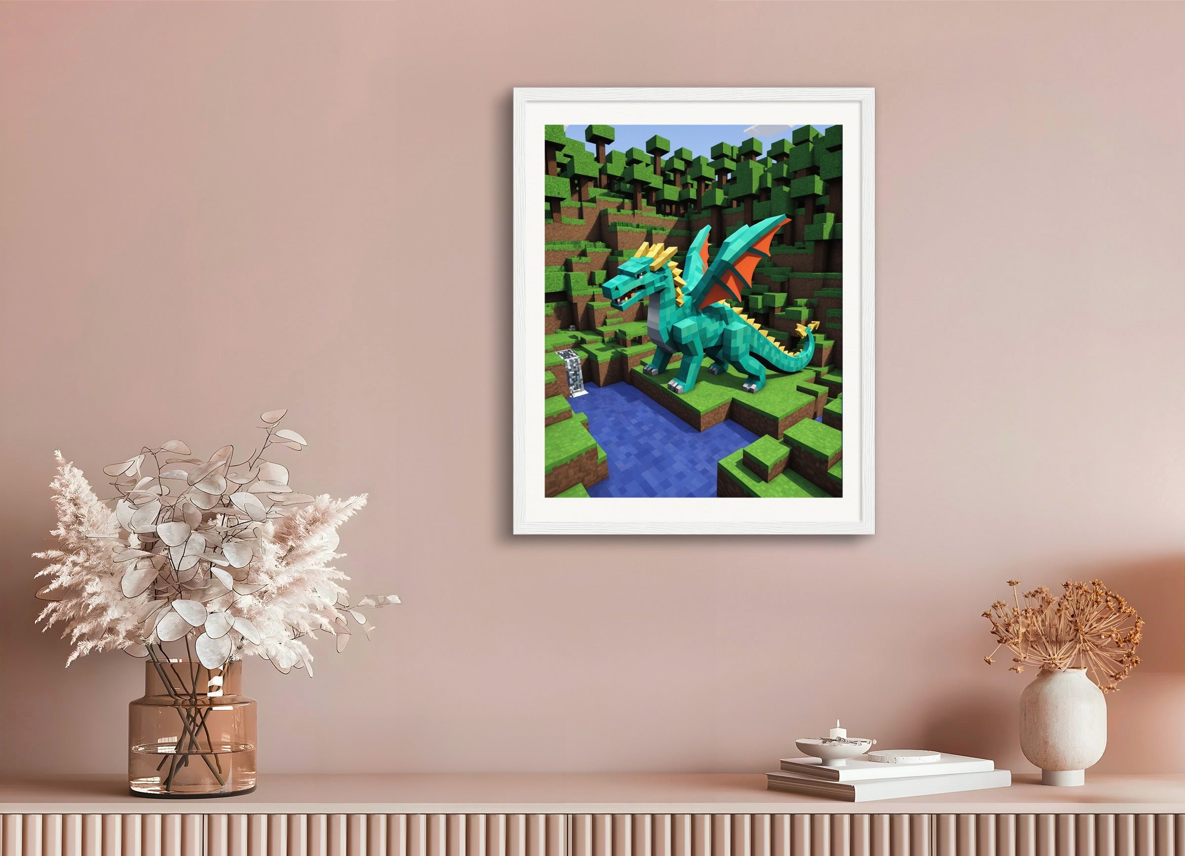 木製フレーム付きポスター:マインクラフト、ドラゴン