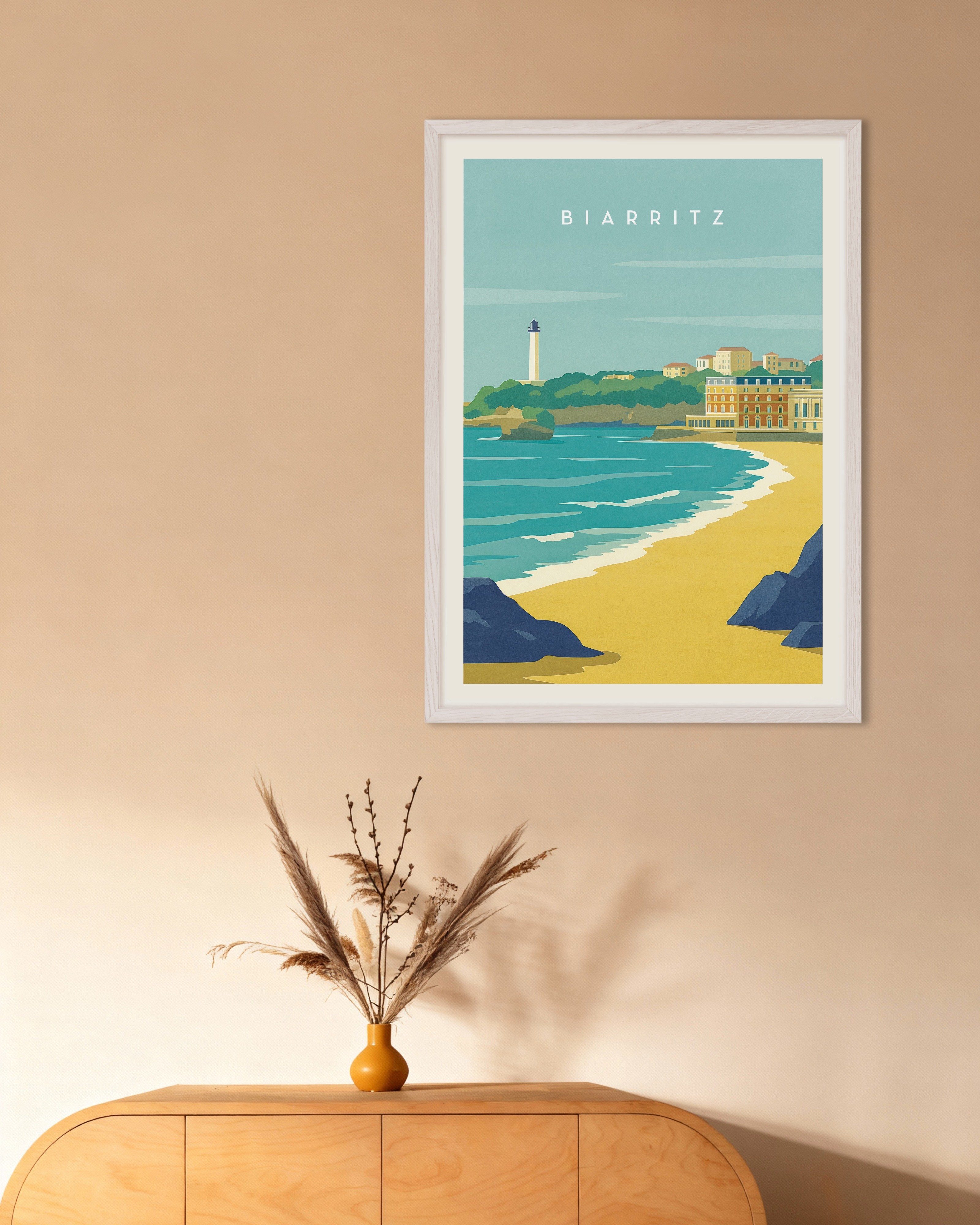 Poster of Biarritz Travel Poster - French Basque Coast, with white wooden frame