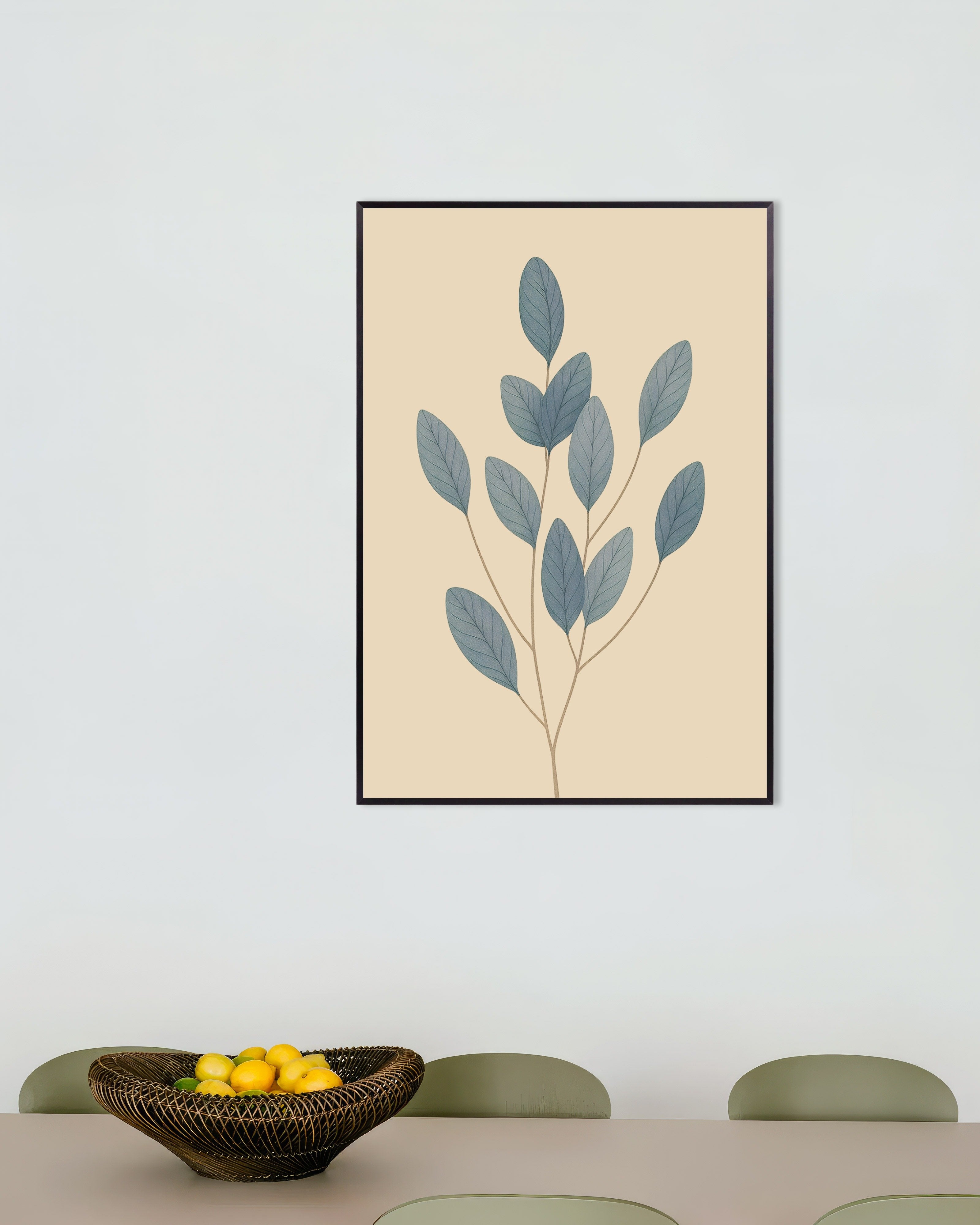Poster of Blue Leaves Poster – Minimal Botanical Art, with metal frame