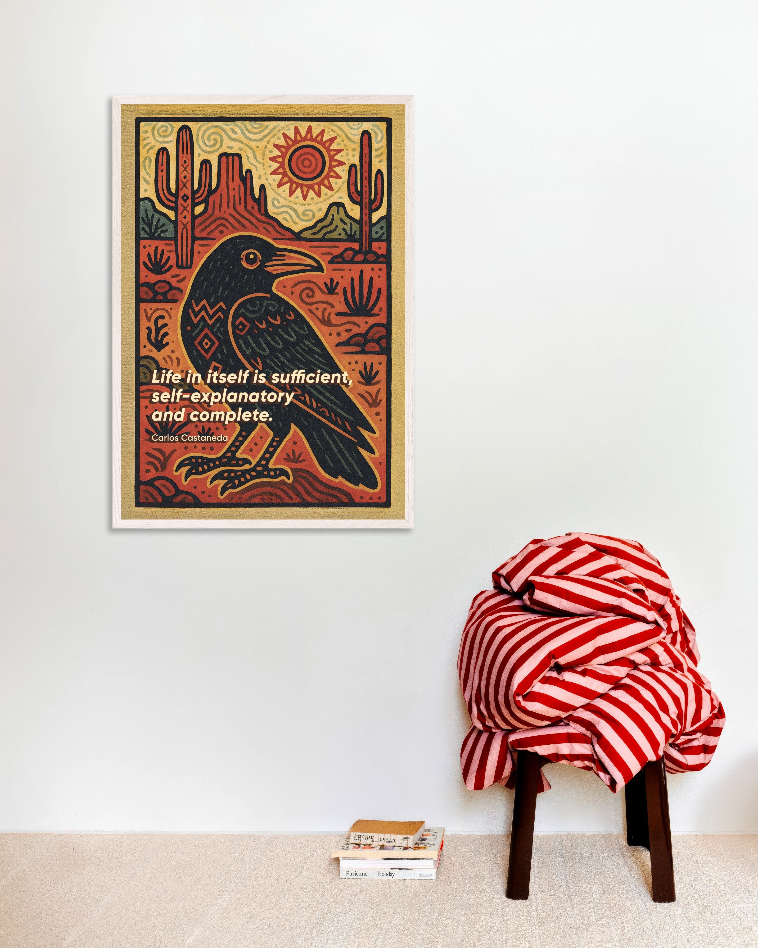 Poster of Carlos Castaneda Quote Art Print - Journey to Ixtlan: The Lessons of Don Juan, with white wooden frame