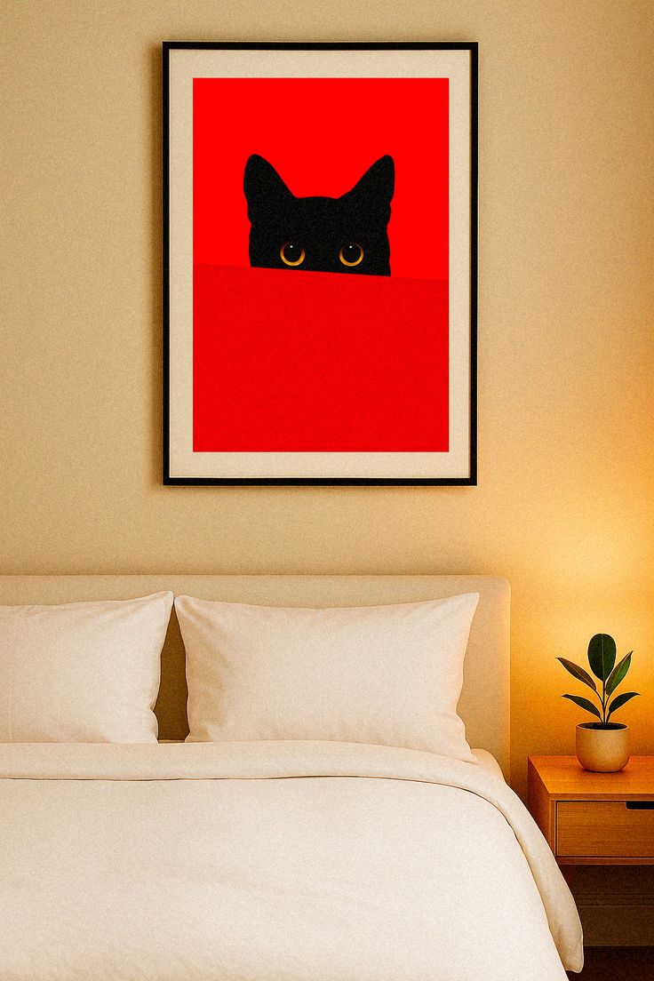 赤い壁の後ろの猫 - ポスター