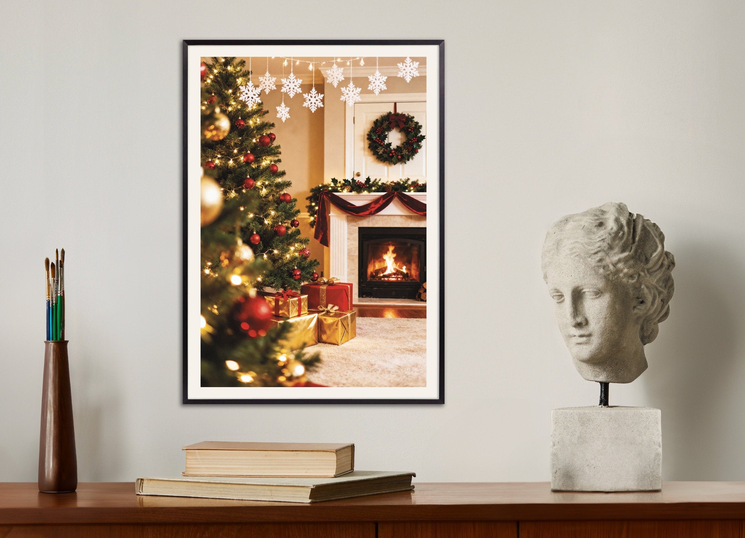 Poster of Christmas living room with fireplace poster, with metal frame