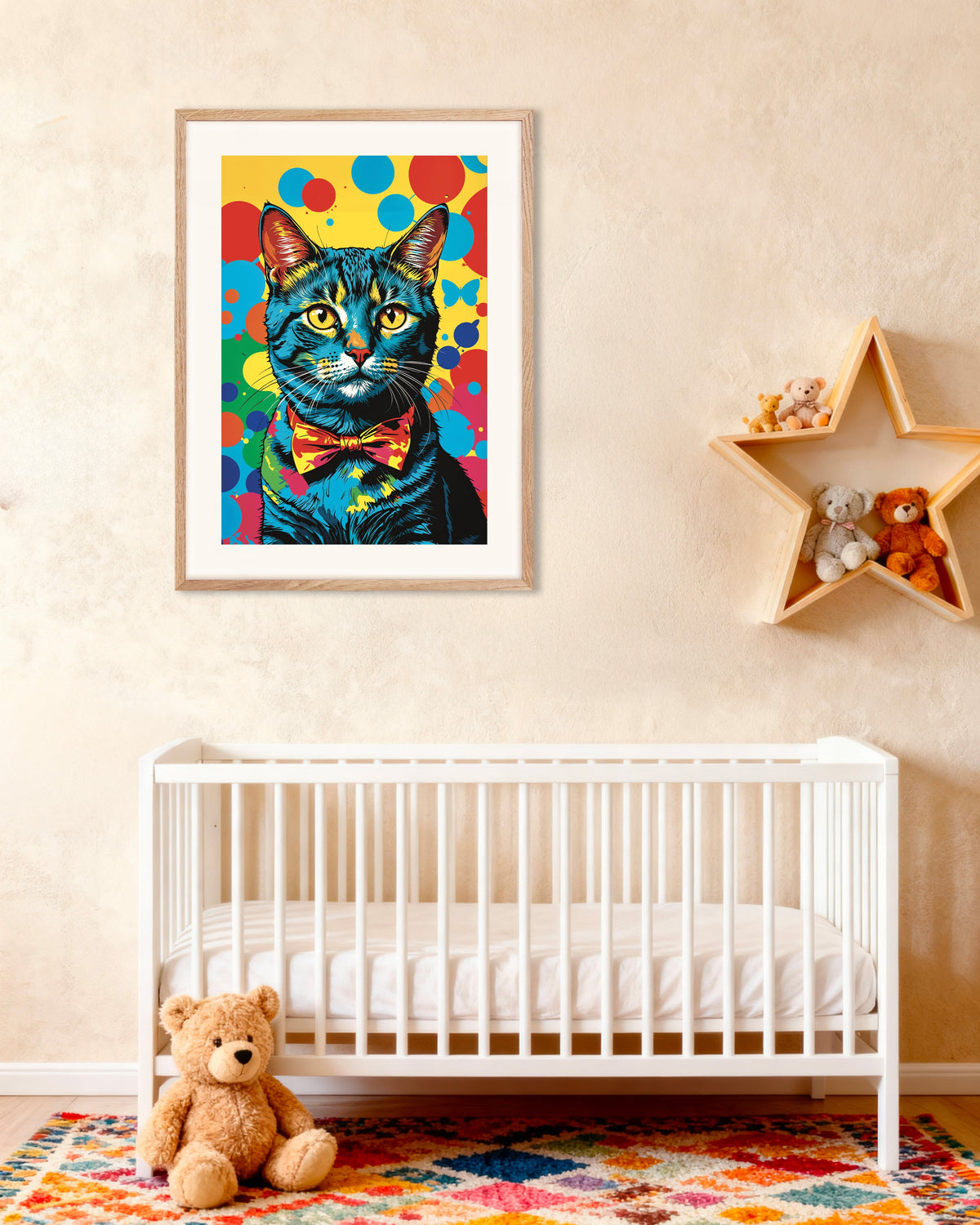 ナチュラルウッドフレーム付きの「カラフルな猫のポスター」