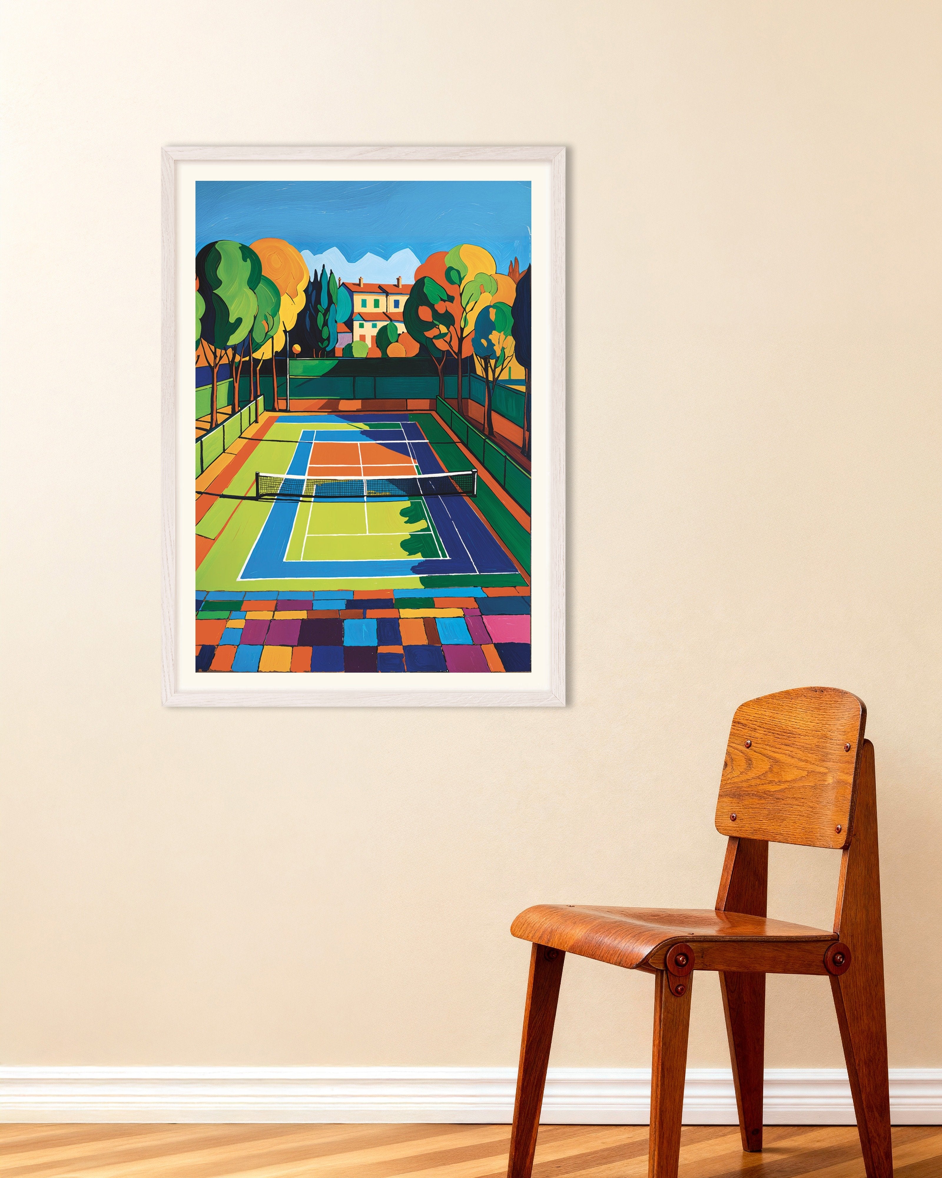 Poster of Colorful fauvist tennis court, with white wooden frame