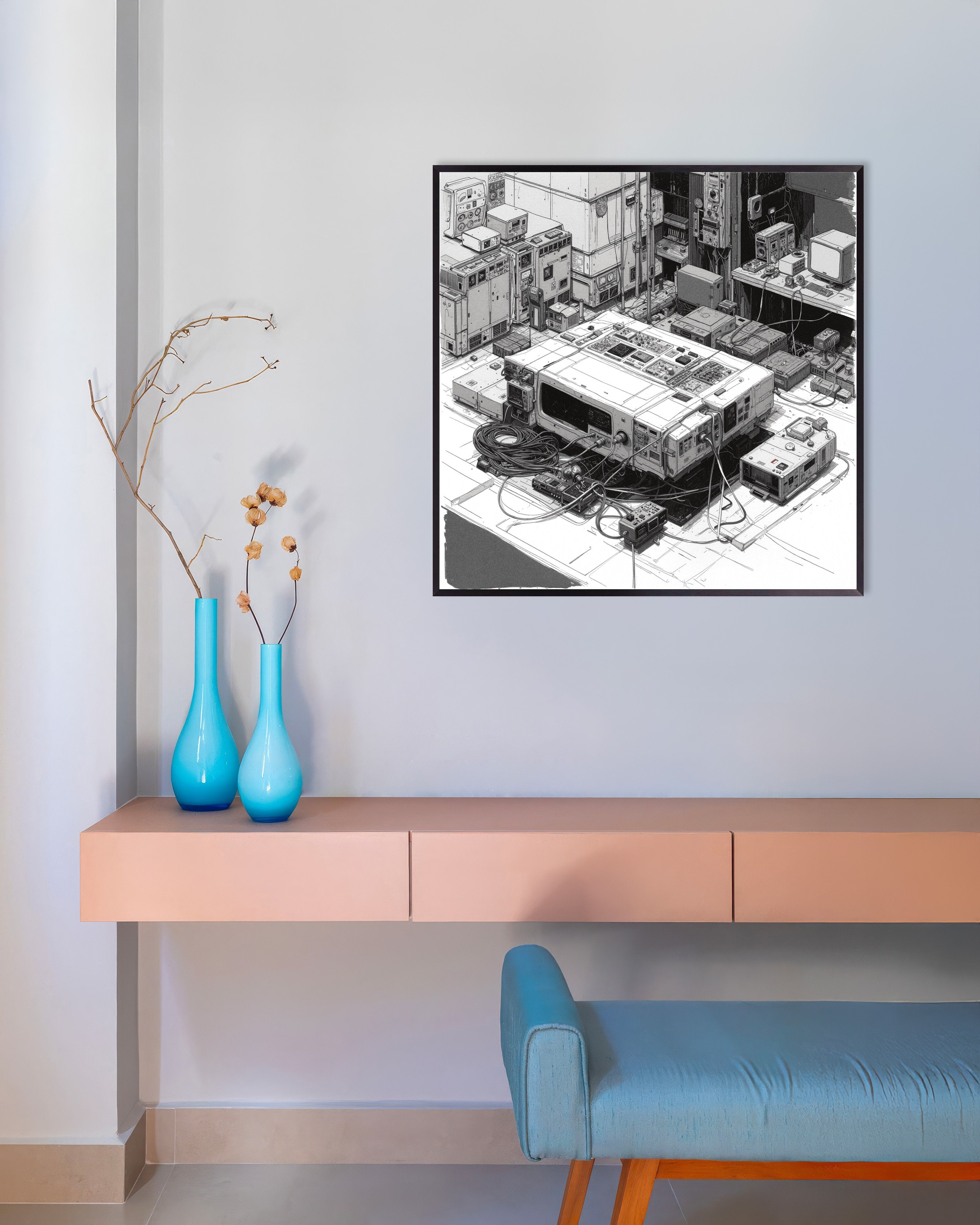 Poster of Dark cyberpunk console station illustration, with metal frame