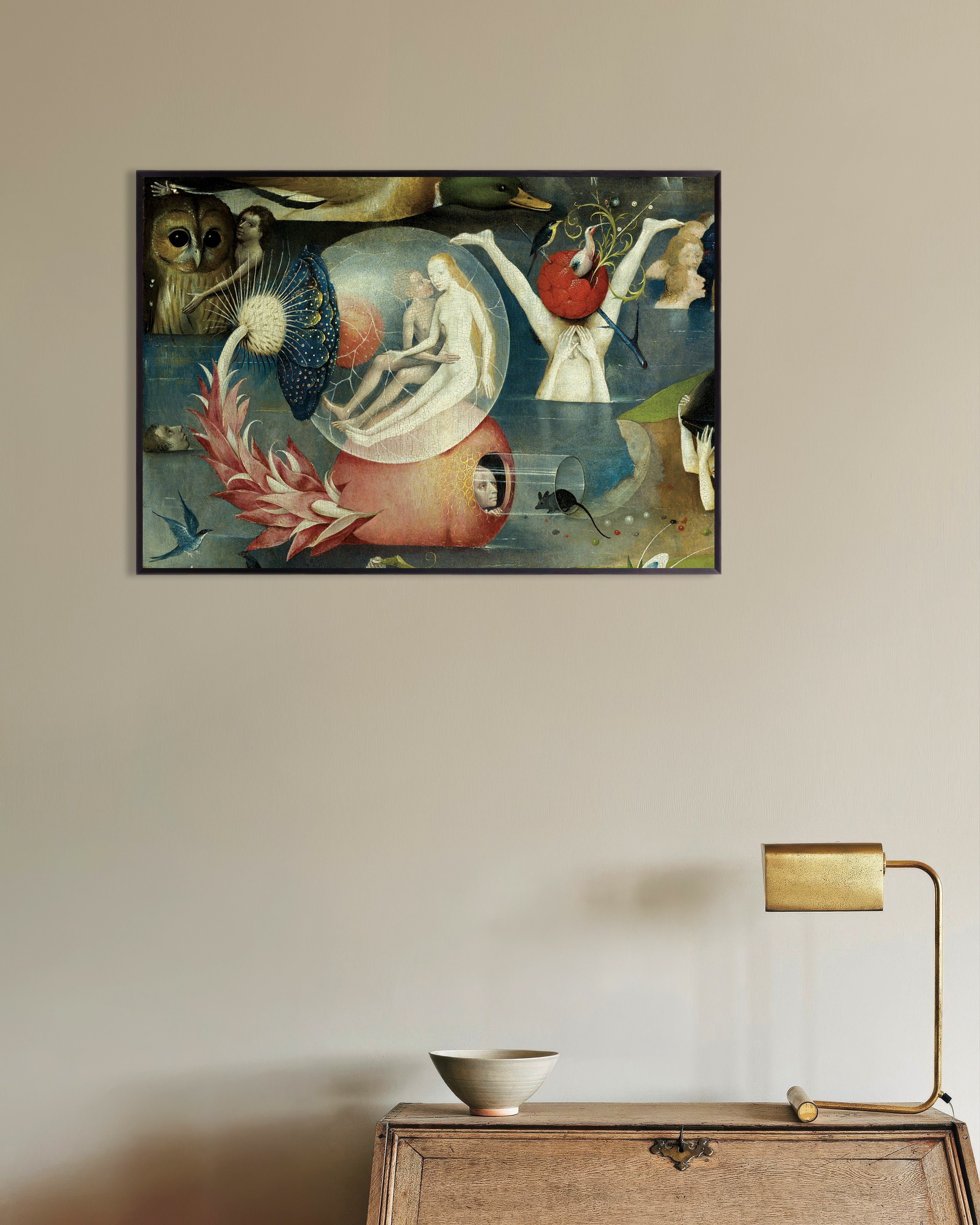 Poster of Detail from The Garden of Earthly Delights: giant birds and the mouse in the tube, with metal frame