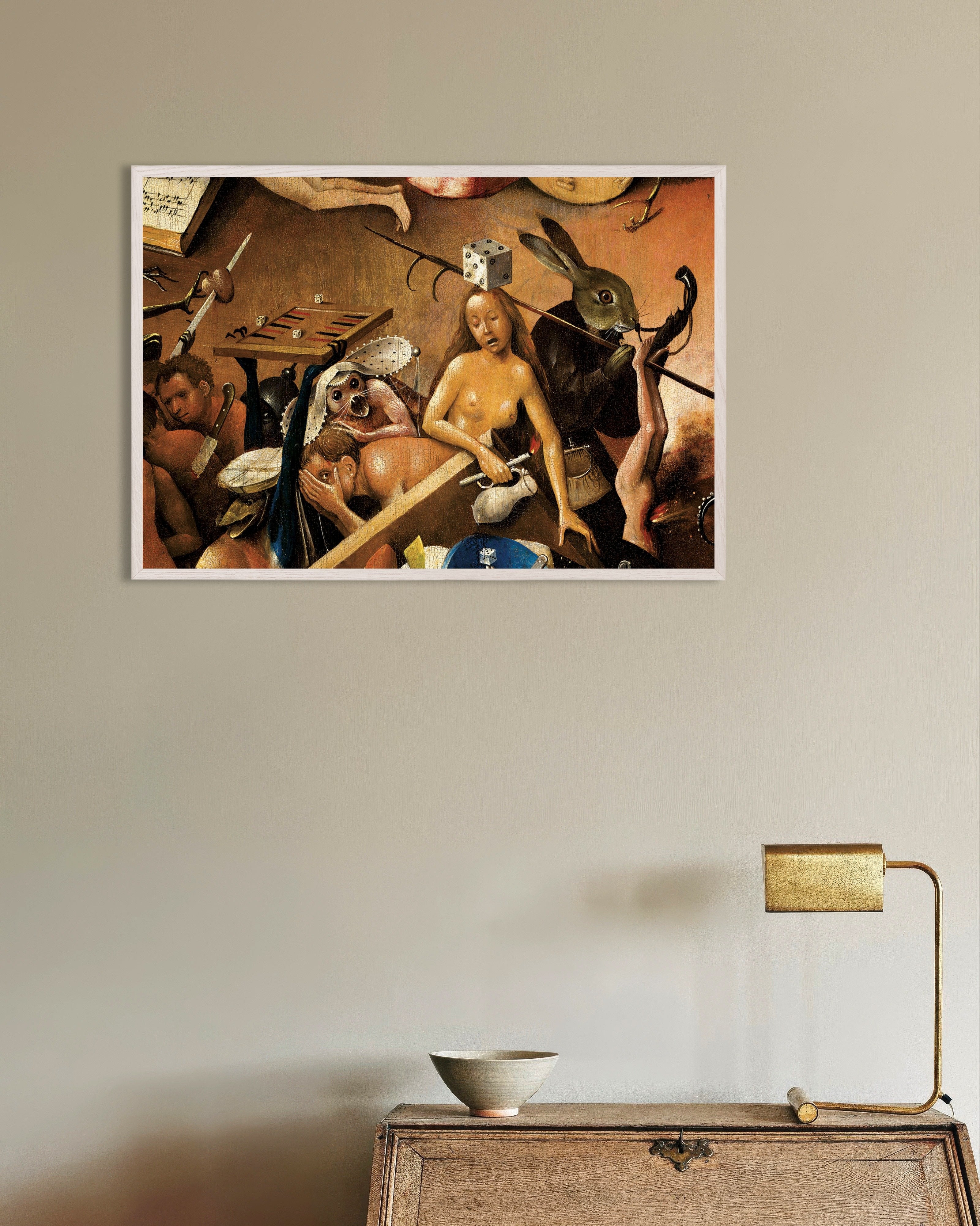 Poster of Detail from The Garden of Earthly Delights: the giant hare and gamblers, with white wooden frame