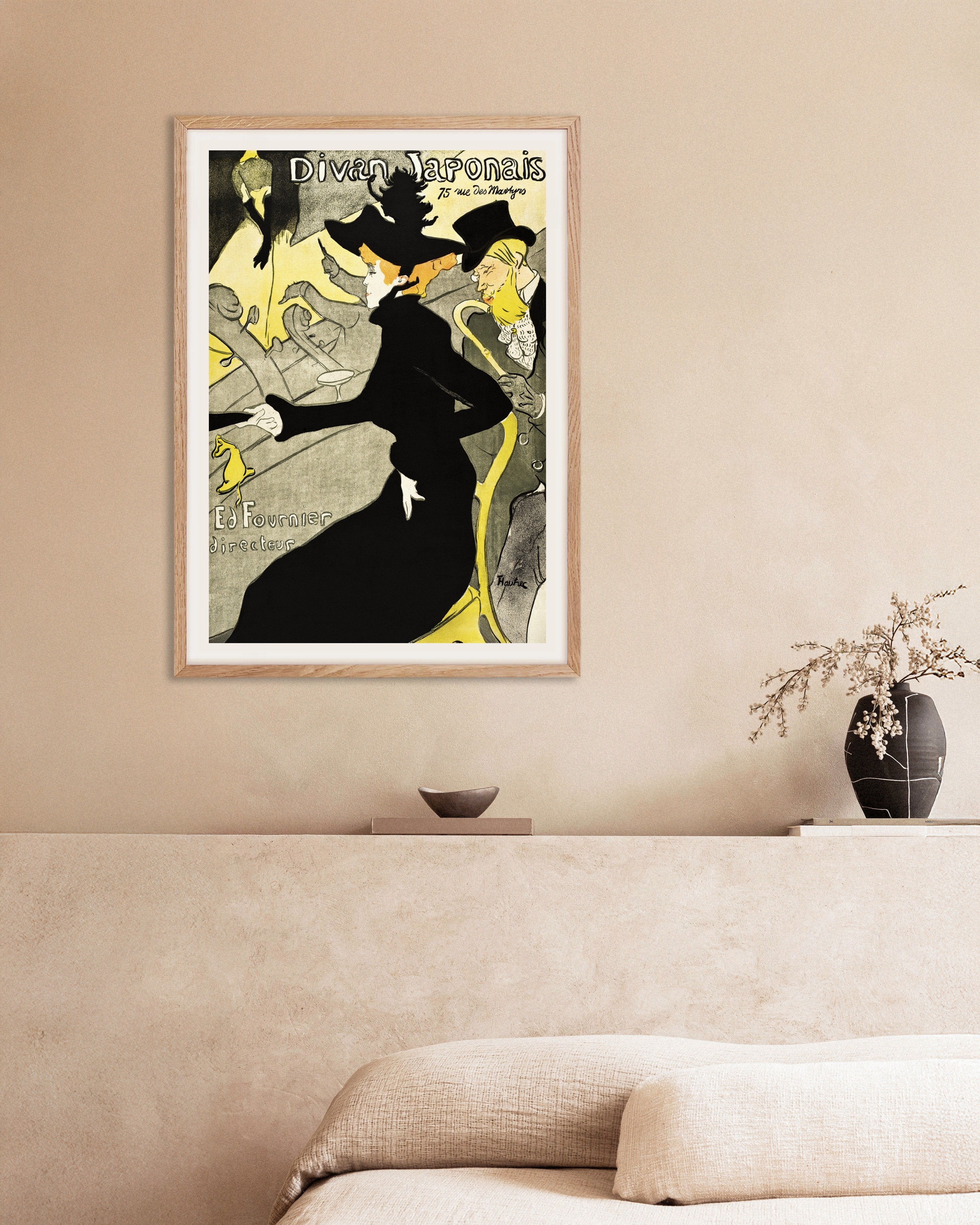 Poster of Divan Japonais (ca. 1892–1893) by Henri de Toulouse-Lautrec, with natural wooden frame