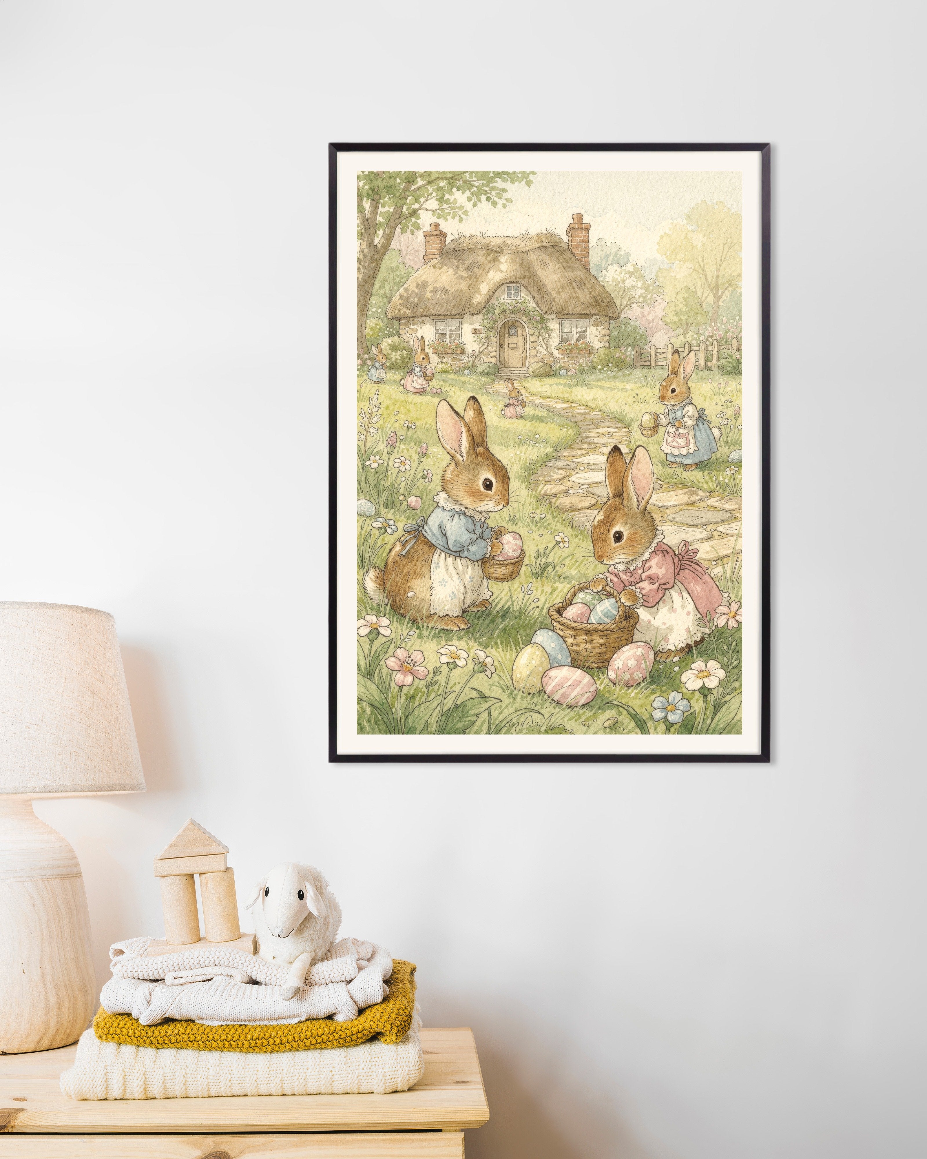 Poster of Easter Bunnies at the Cottage, with metal frame