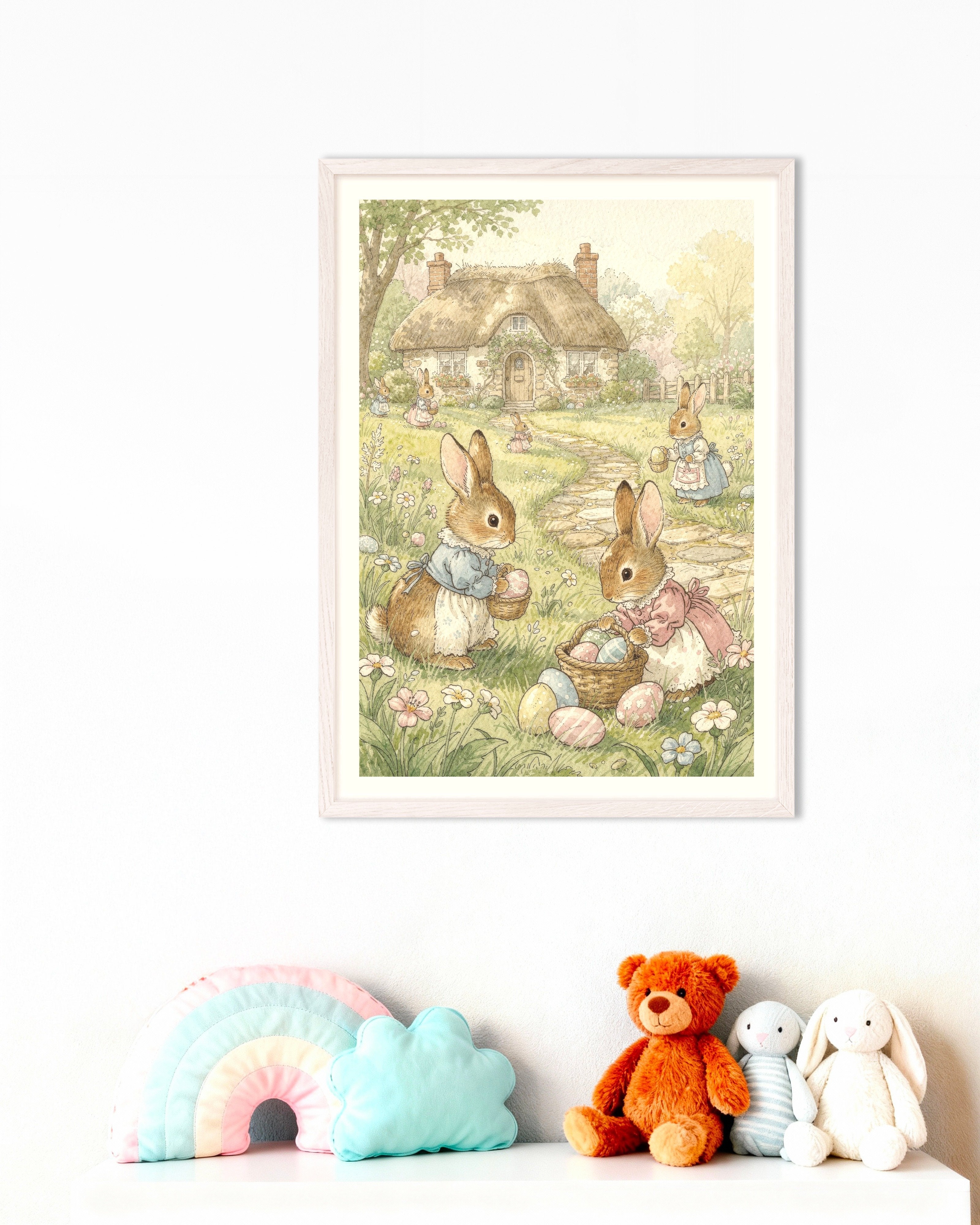Poster of Easter Bunnies at the Cottage, with white wooden frame