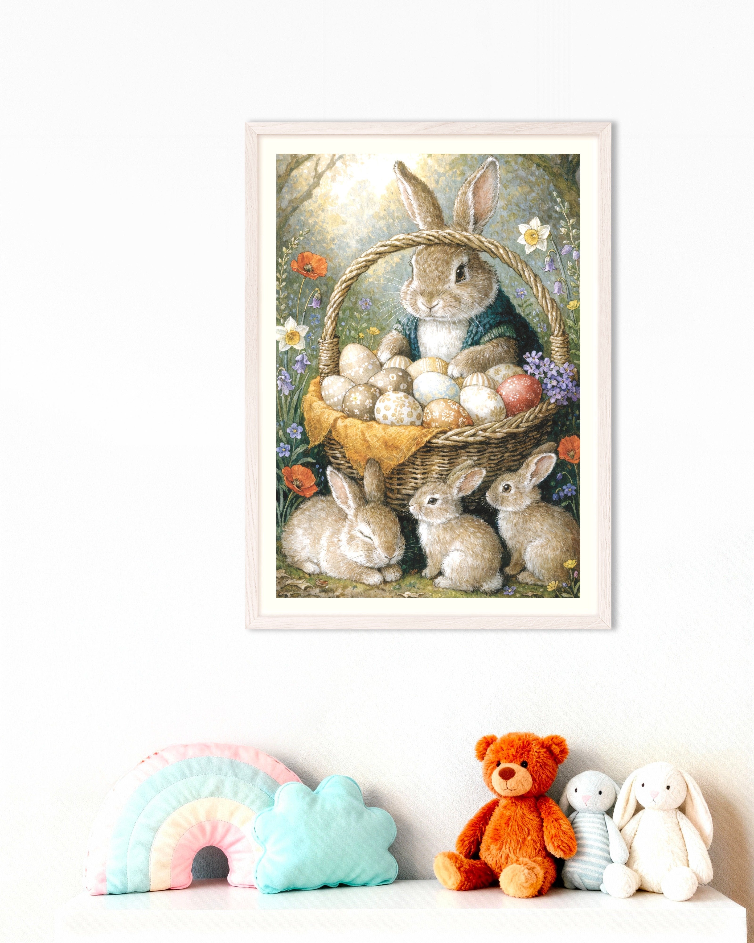 Poster of Easter Bunny Basket with Painted Eggs Poster, with white wooden frame