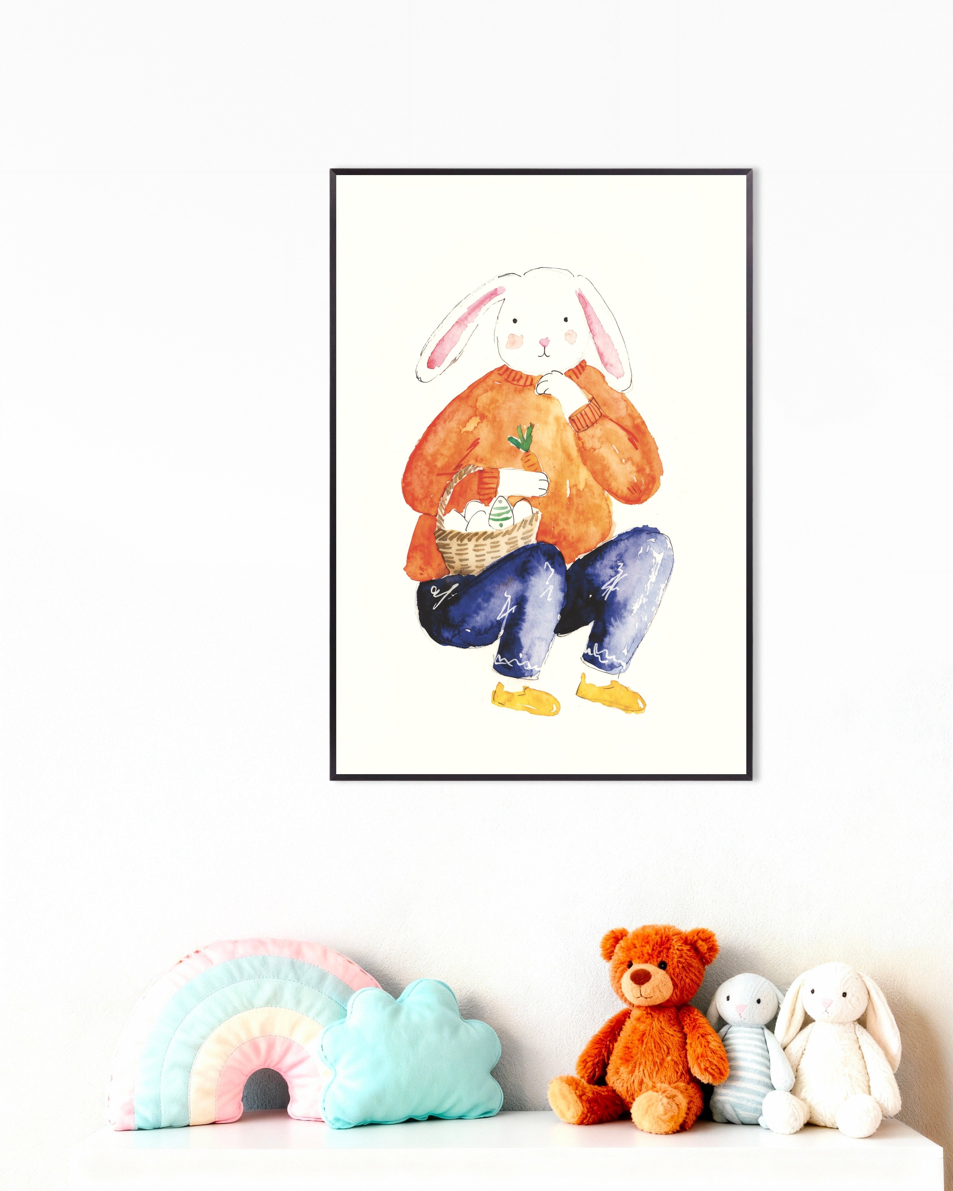 Poster of Easter Bunny in Orange Sweater - Watercolor Poster, with metal frame
