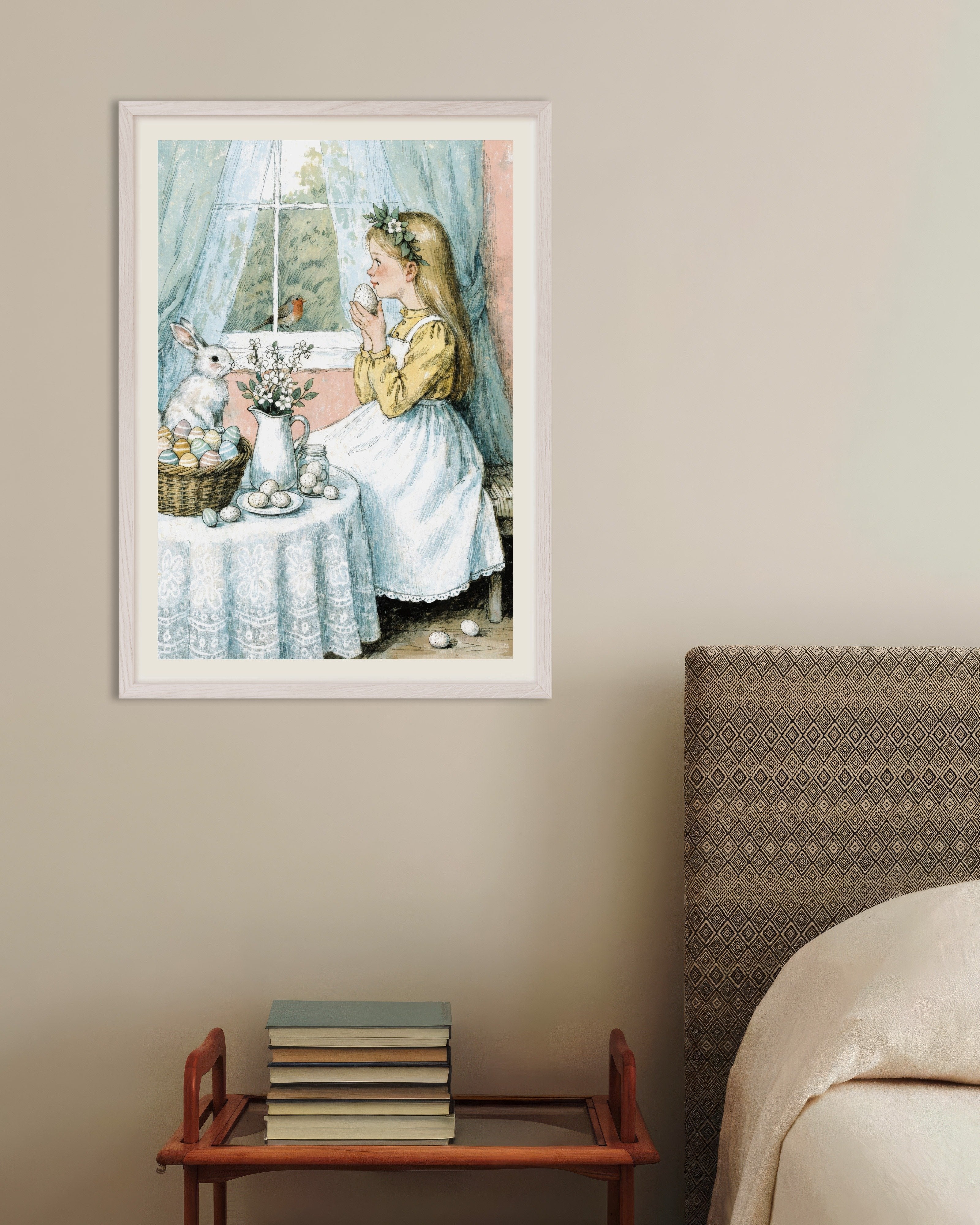 Poster of Easter Morning by the Window: Girl, Bunny and Robin Poster, with white wooden frame