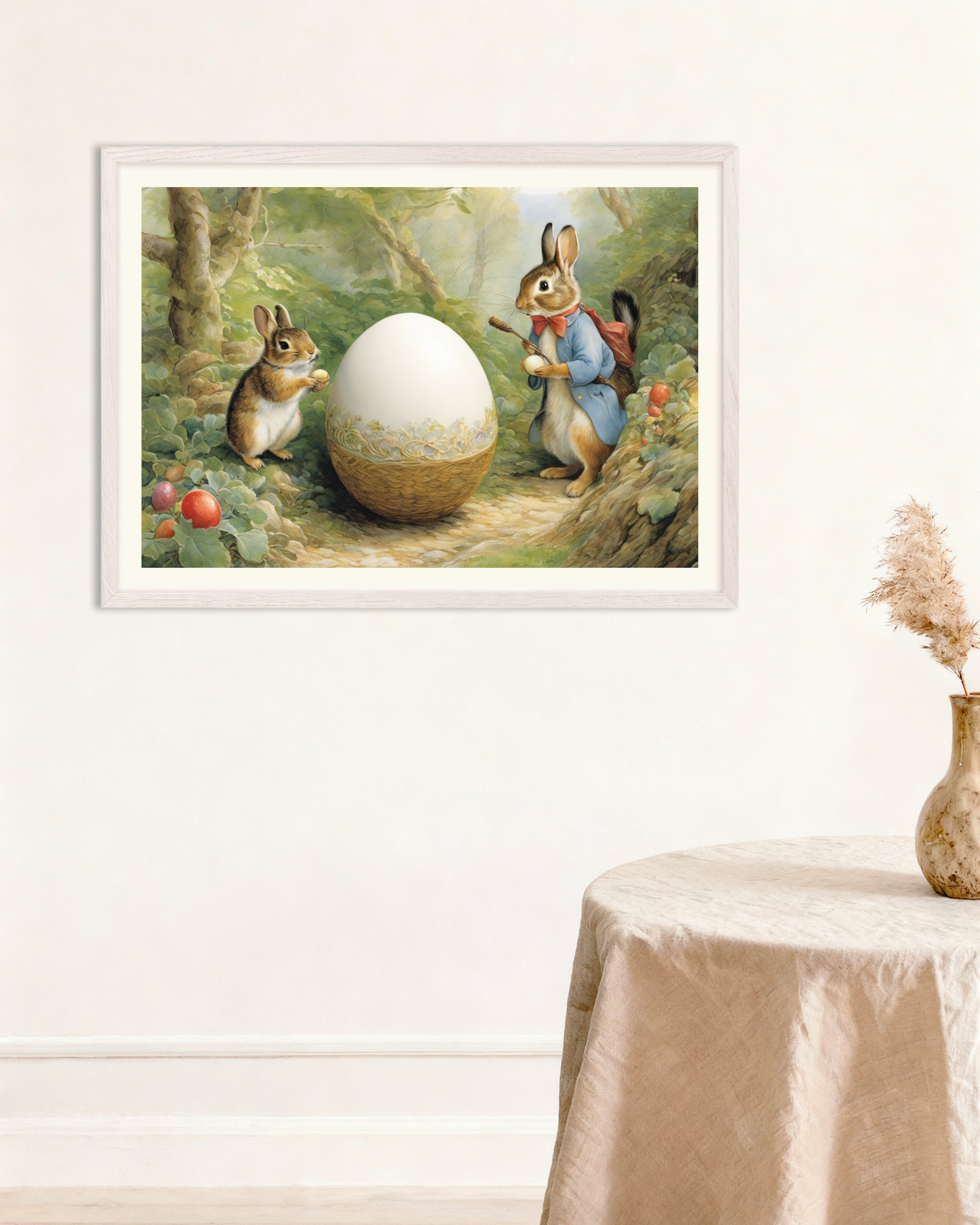 Poster of Easter poster, charming tales, delicate British watercolors, Rabbits and Egg, with white wooden frame