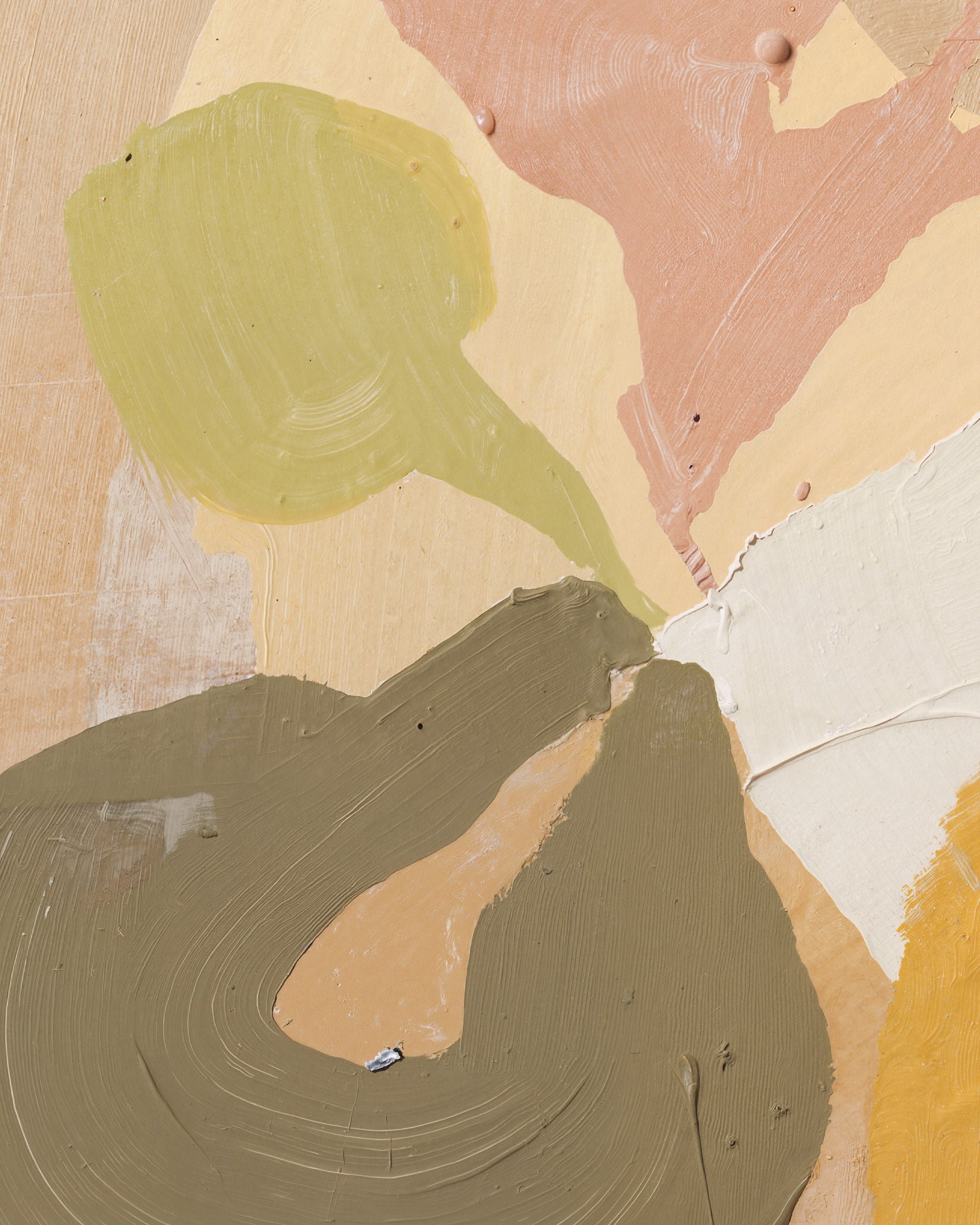 Abstract textured painting with thick brushstrokes in muted olive green, dusty pink, cream, ochre yellow, and tan tones.