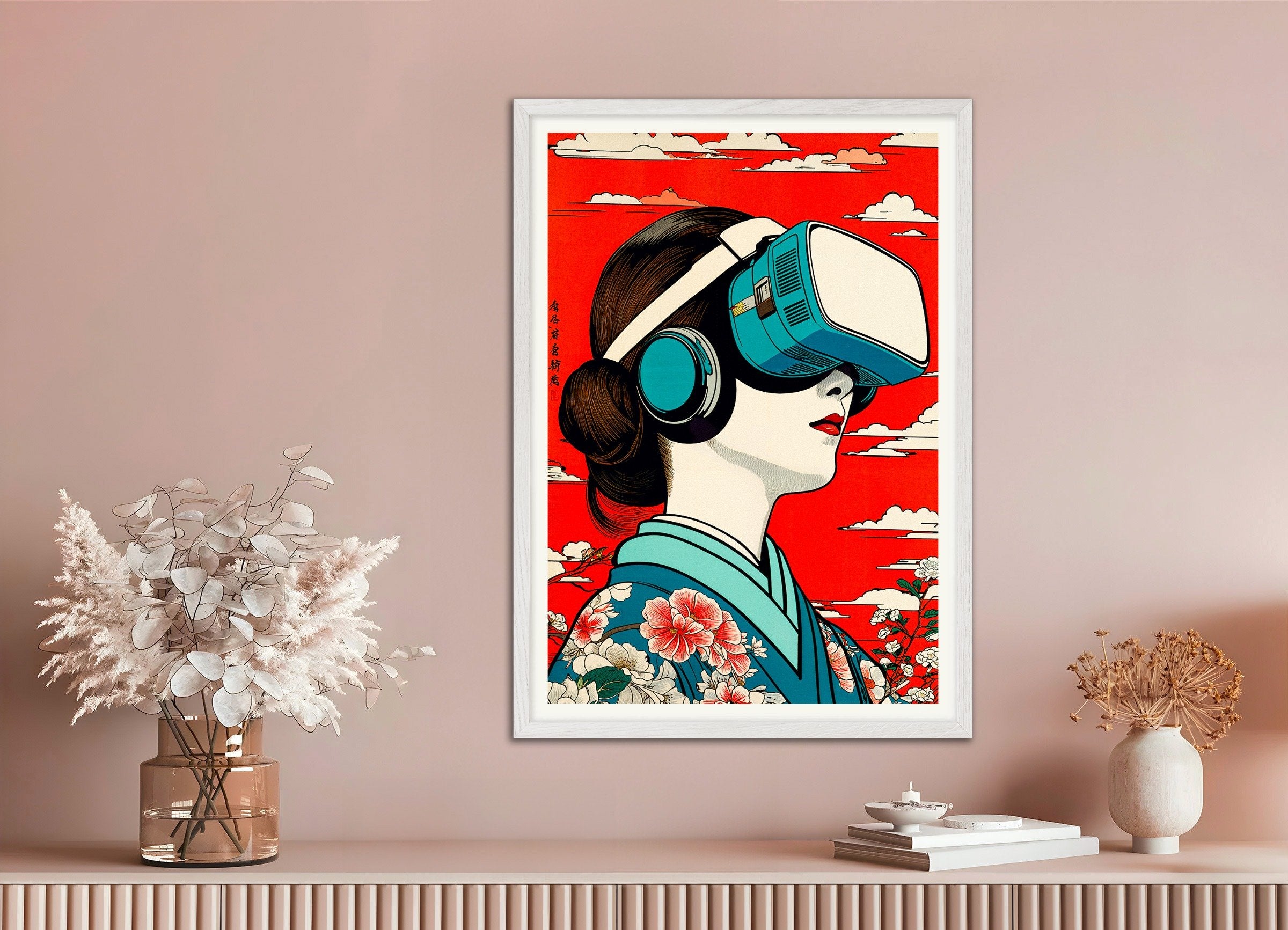 「Geisha VR」ポスター - 広重トリビュート x 現代技術、白い木製フレーム付き