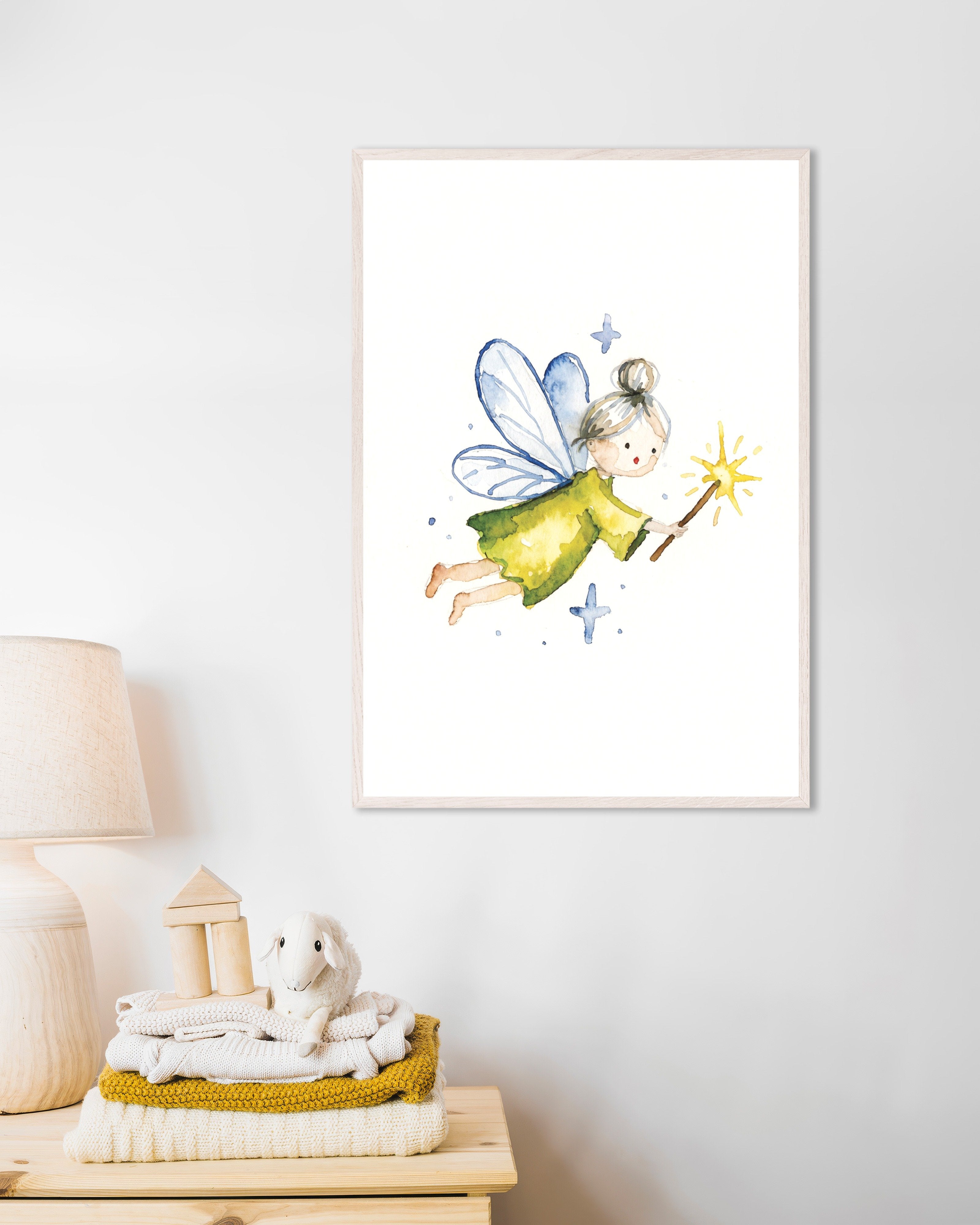 Poster of Green Dress Fairy Watercolor Poster, with white wooden frame