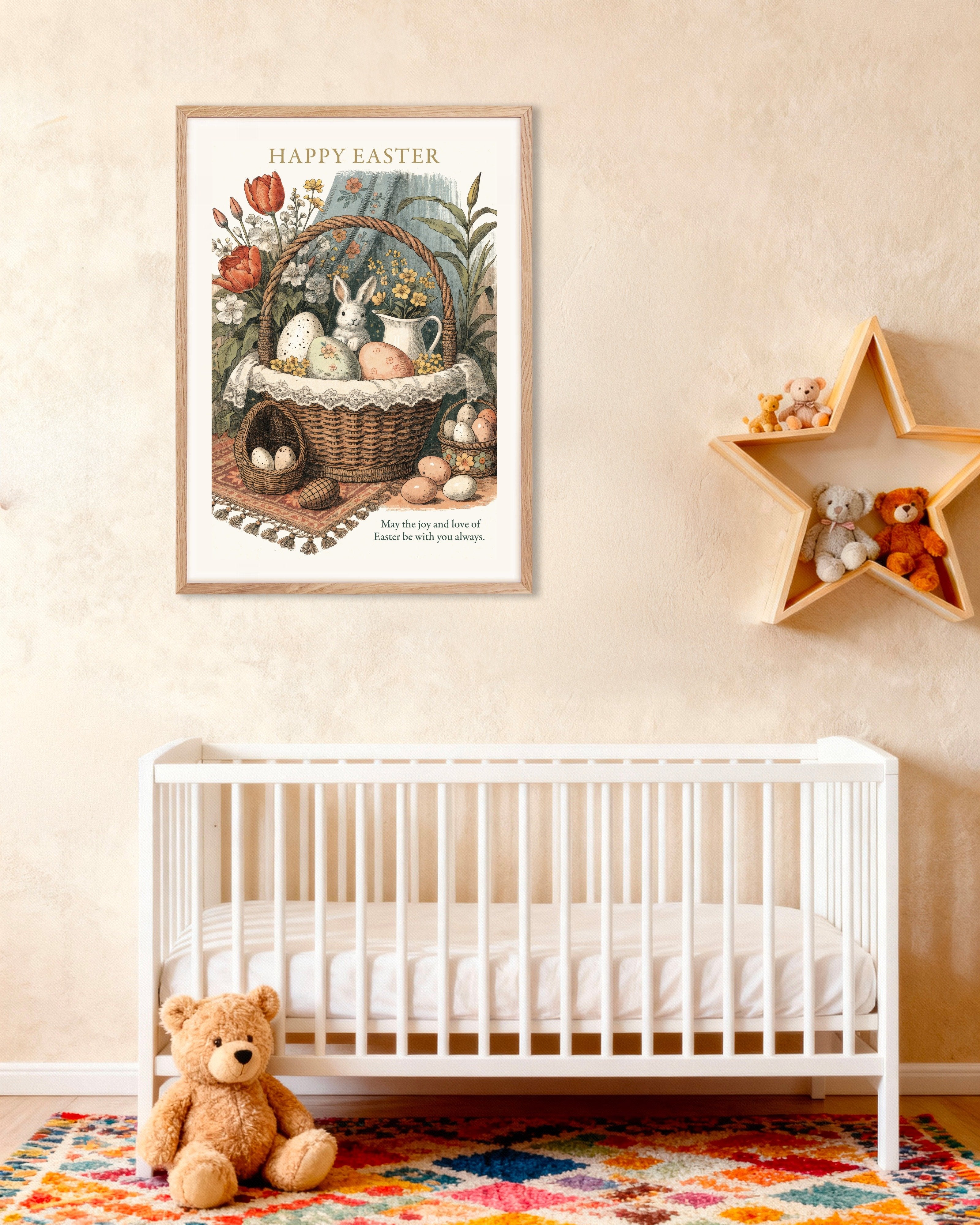 Poster of Happy Easter Basket Bunny Poster, with natural wooden frame