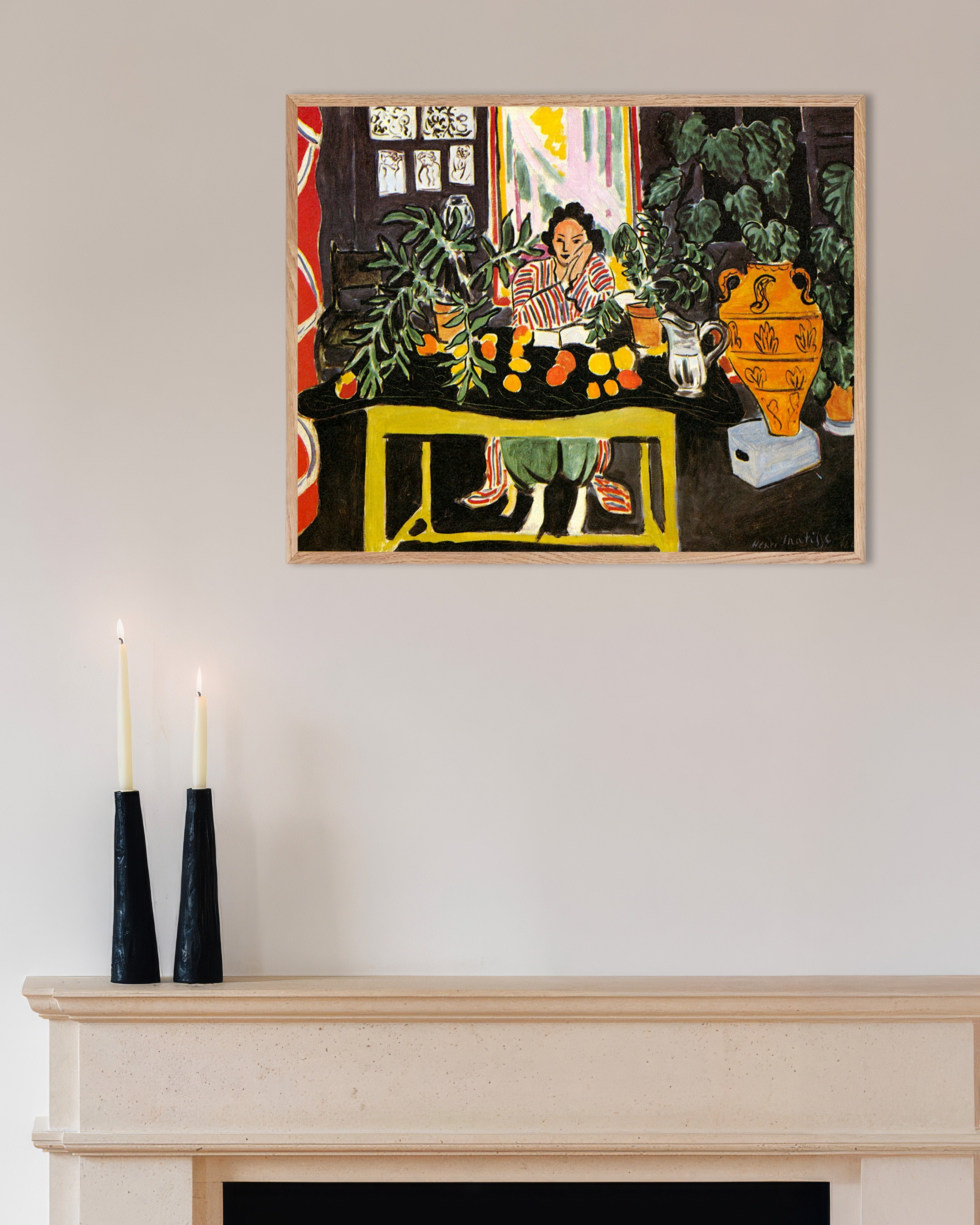 Poster of Interior with Etruscan Vase (1940) by Henri Matisse, with natural wooden frame
