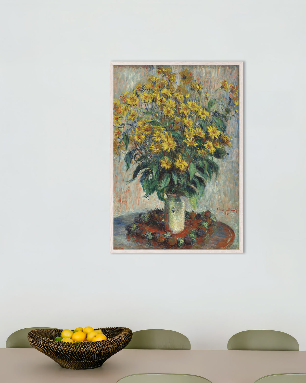 クロード・モネ《キクイモの花》(1880年)のポスター、白い木製フレーム付き