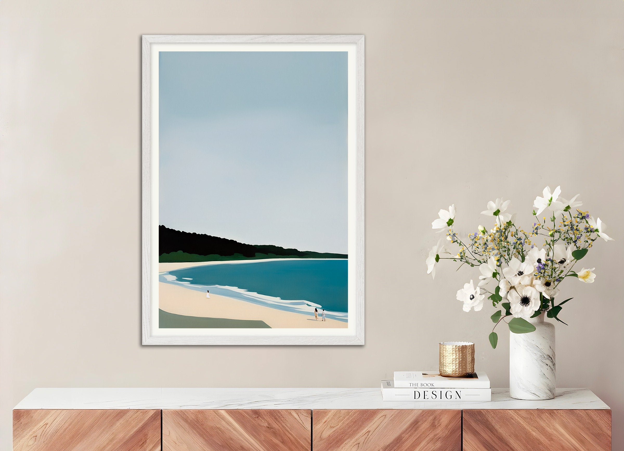 ビーチの喜びのポスター - 海岸の風景アートプリント、白い木製フレーム付き
