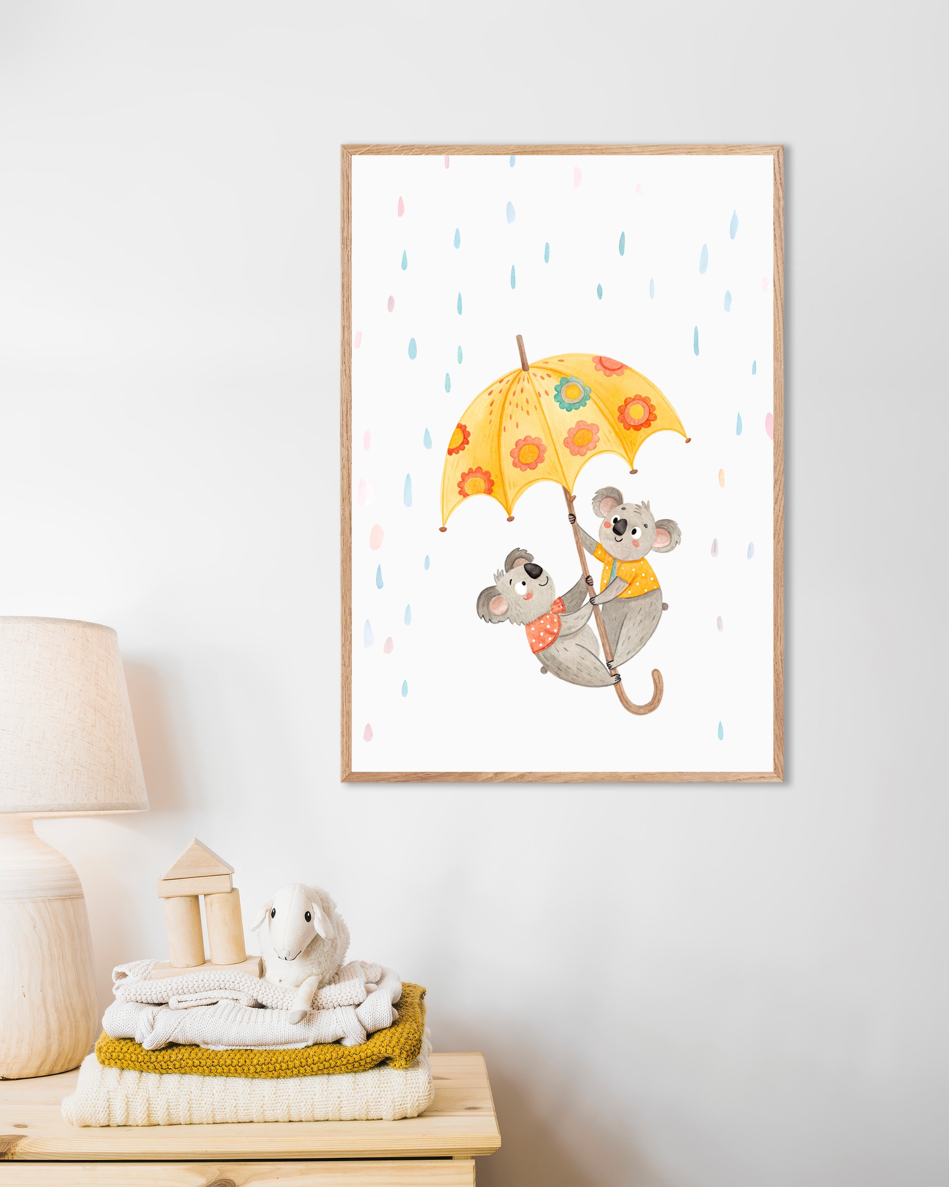 Poster of Koalas with Umbrella Poster - Nursery Wall Art, with natural wooden frame