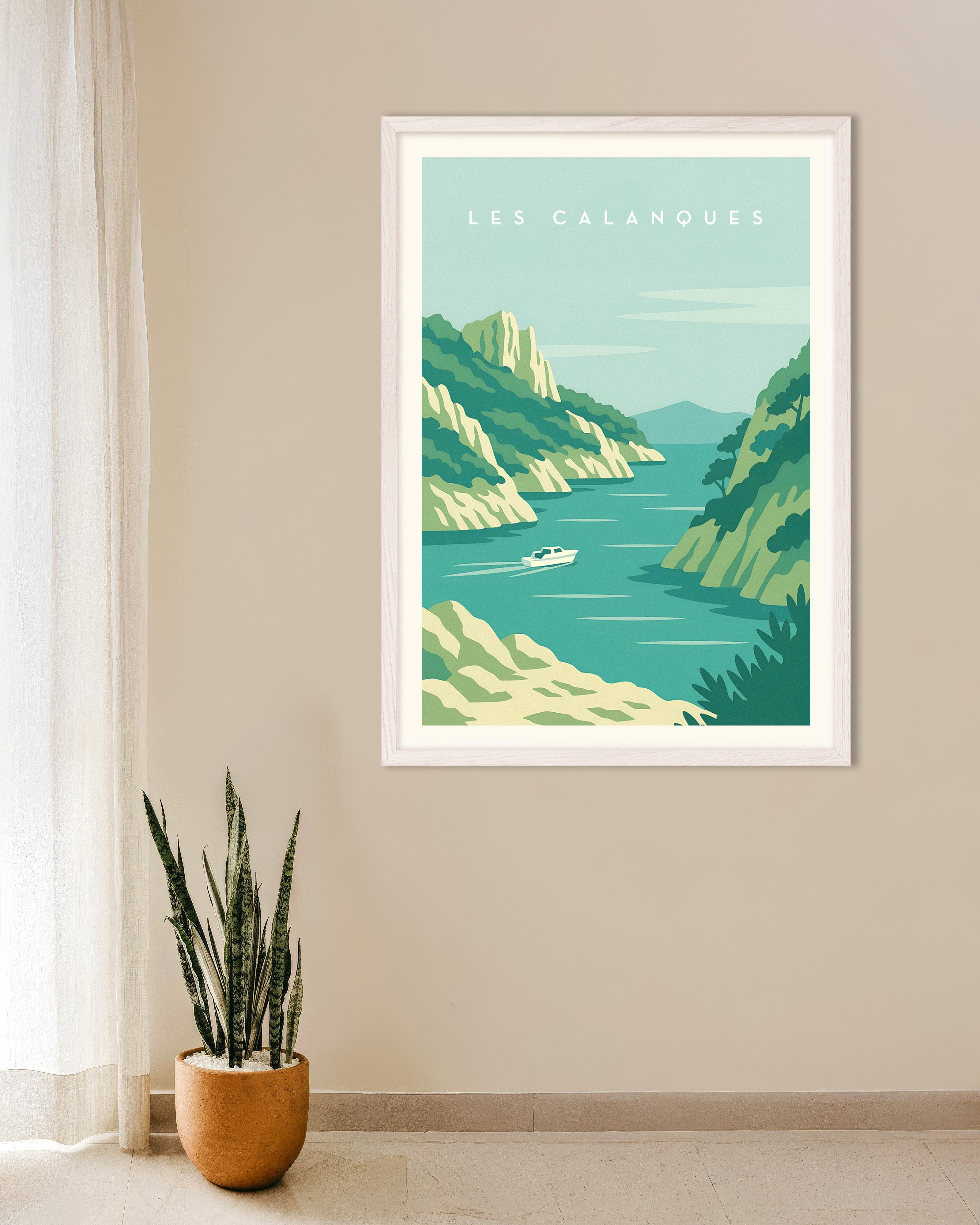 Poster of Les Calanques Wall Art Print, with white wooden frame