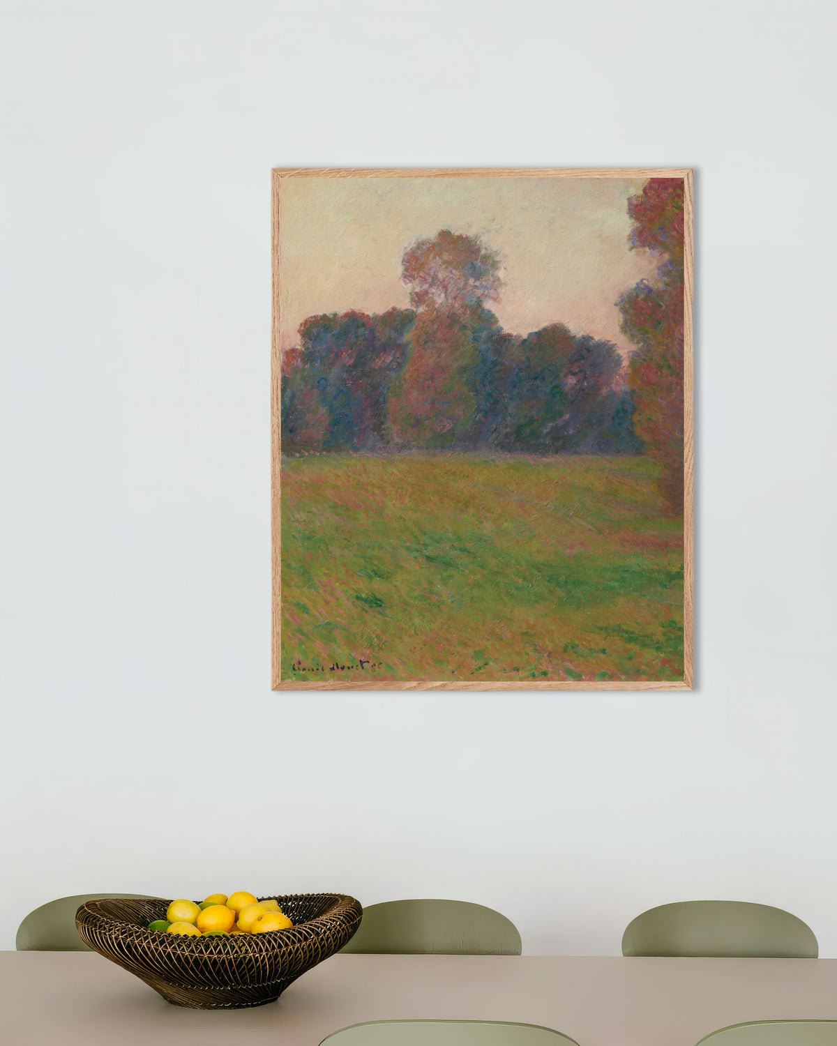 クロード・モネ《ジヴェルニーの牧草地》(1886年)のポスター、天然木のフレーム付き