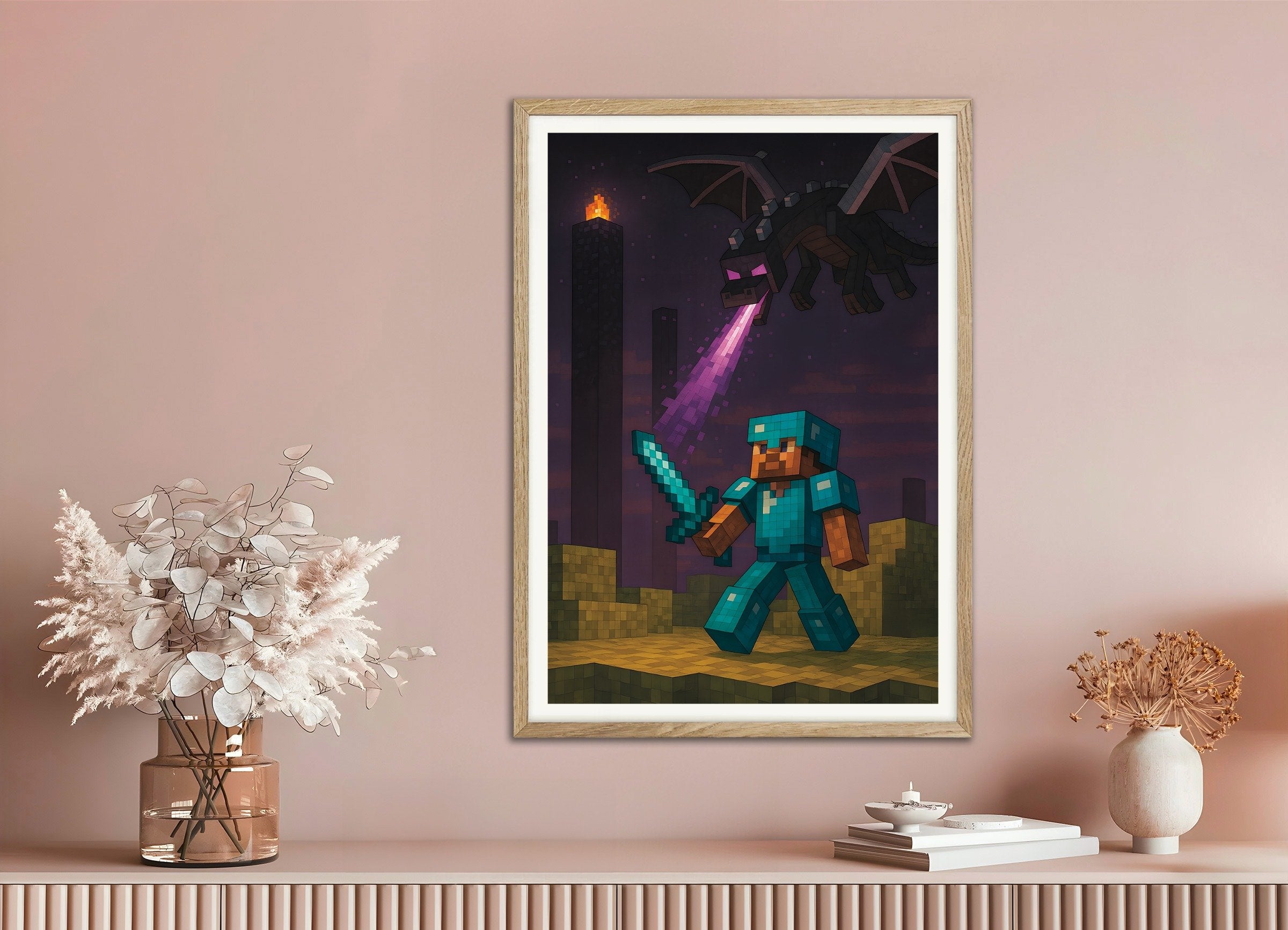 マインクラフト エンダードラゴンバトルのポスター – 騎士対ドラゴンのポスター、天然木製フレーム付き