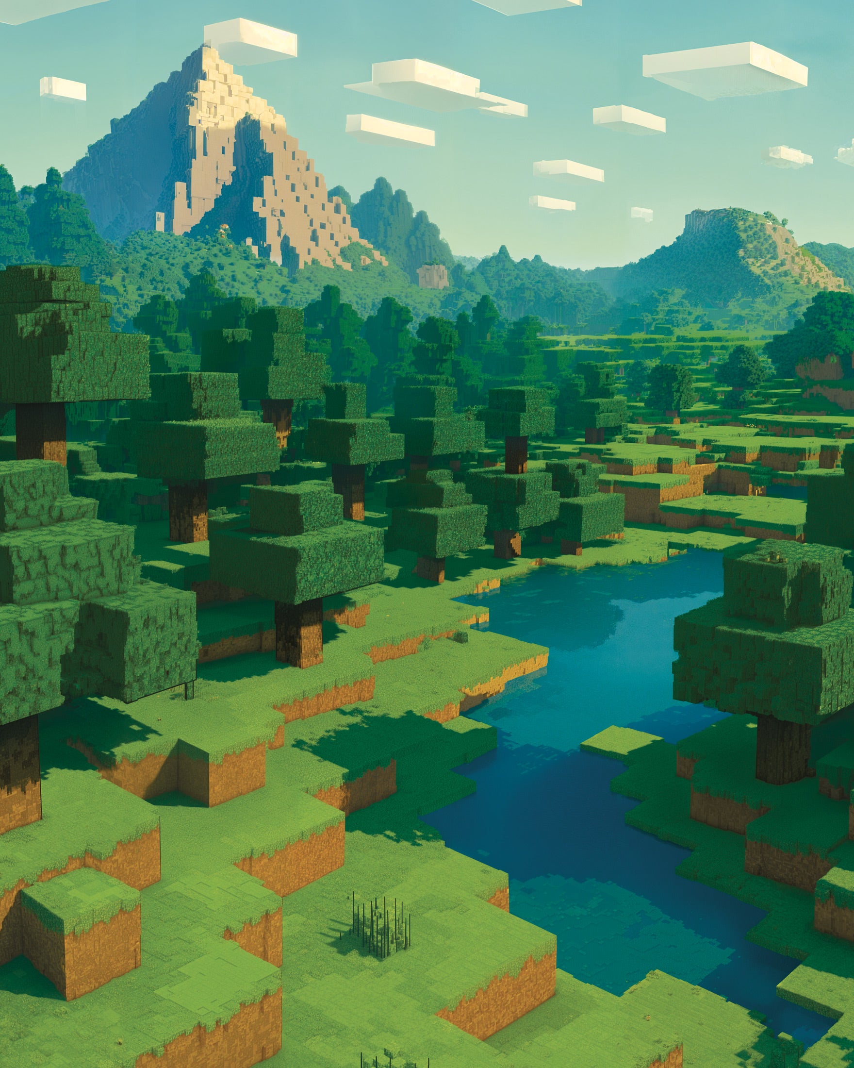 マインクラフトの山の風景 – ピクセルアートファンポスター