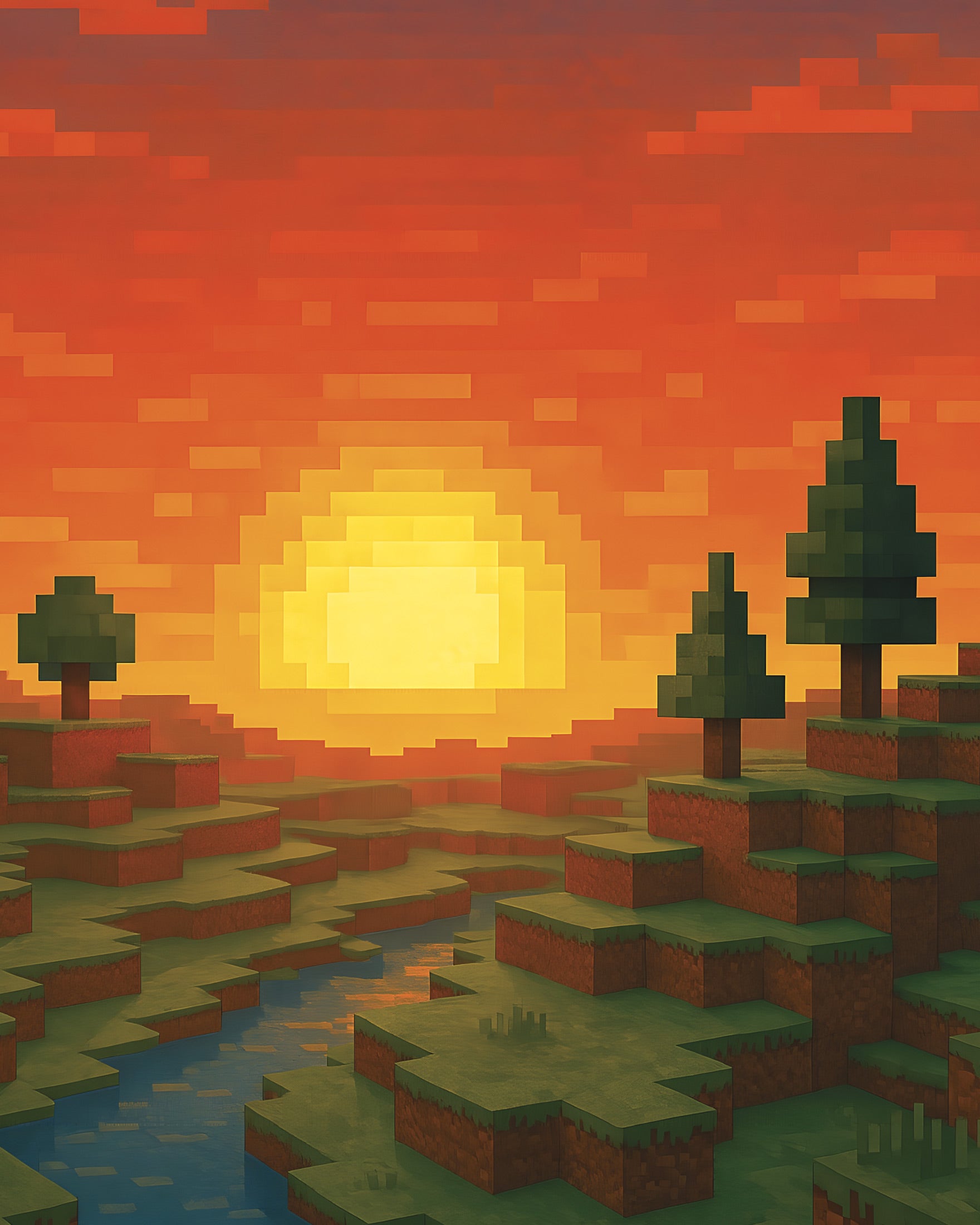 マインクラフトの夕日 – 川と木々のピクセルアートファンポスター