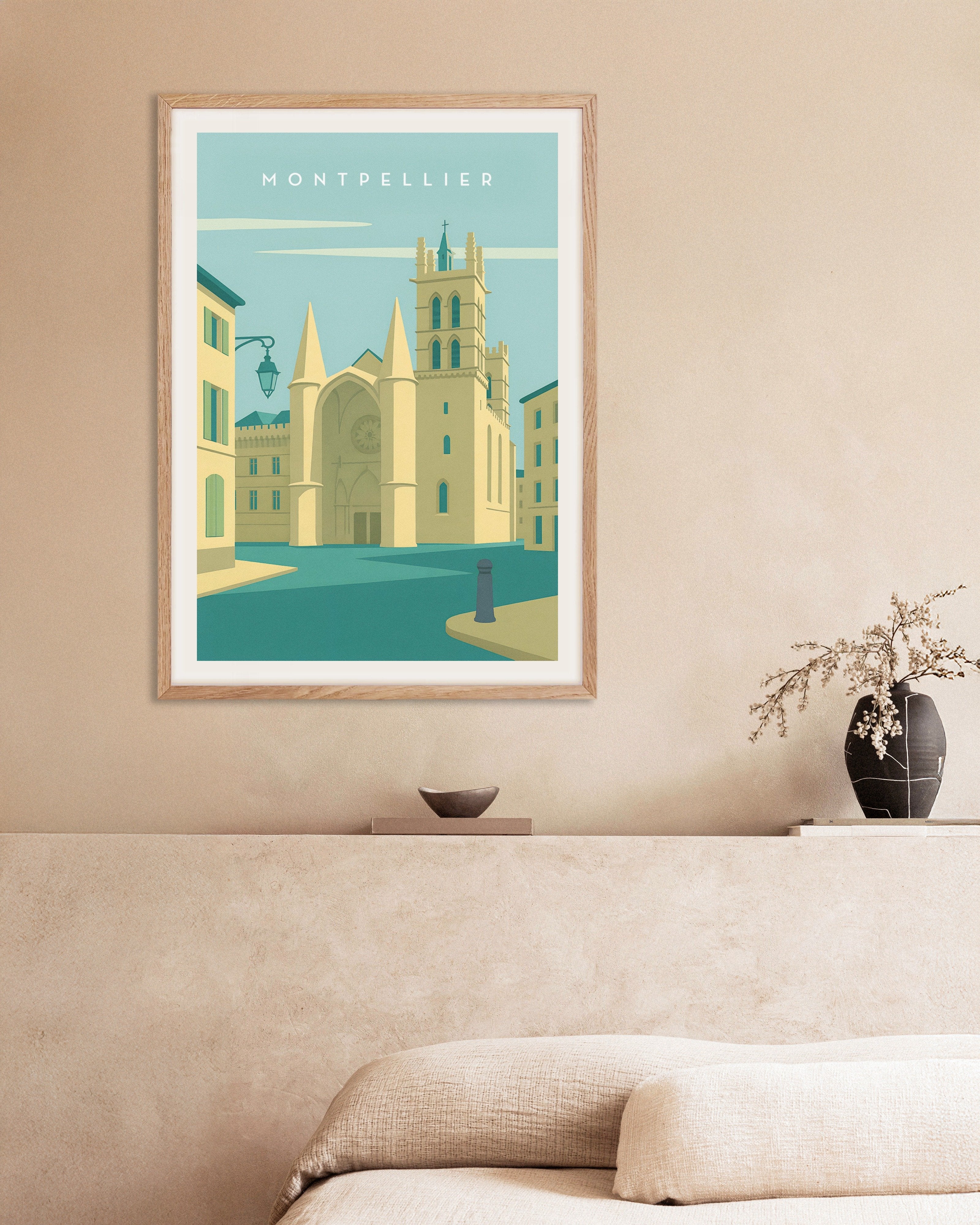 Poster of Montpellier Cathedral Wall Art Print, with natural wooden frame