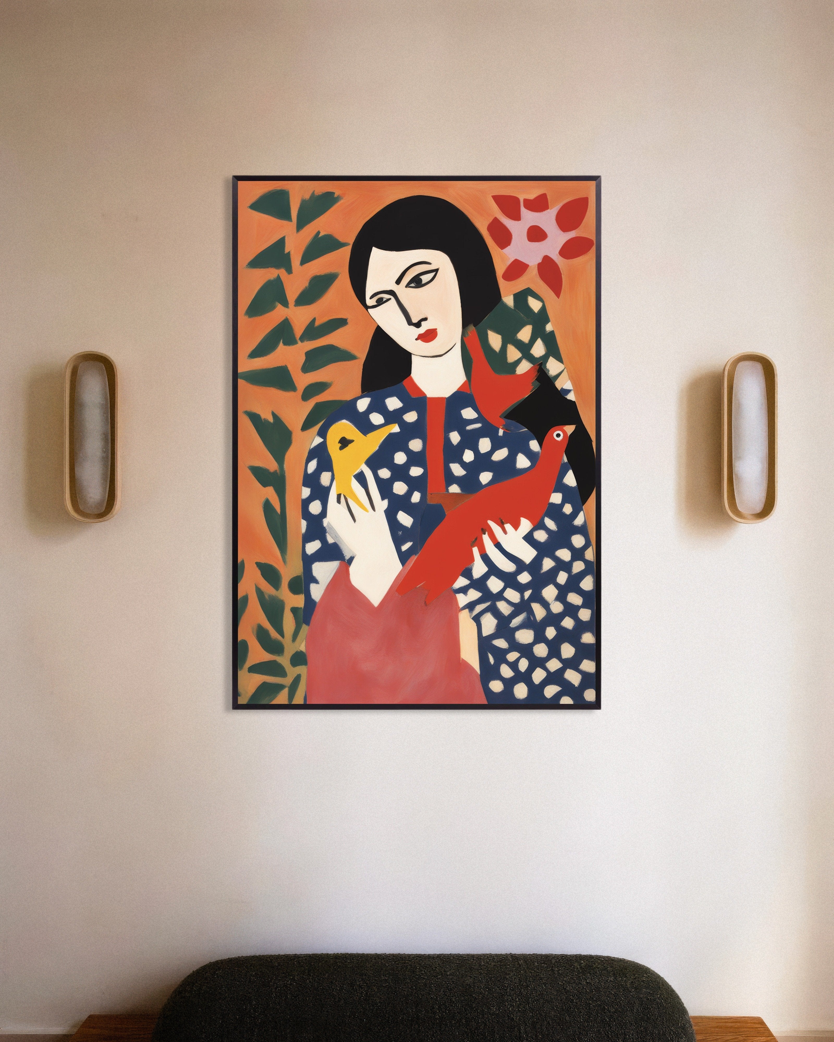 Poster of Natasha with birds art print, with metal frame