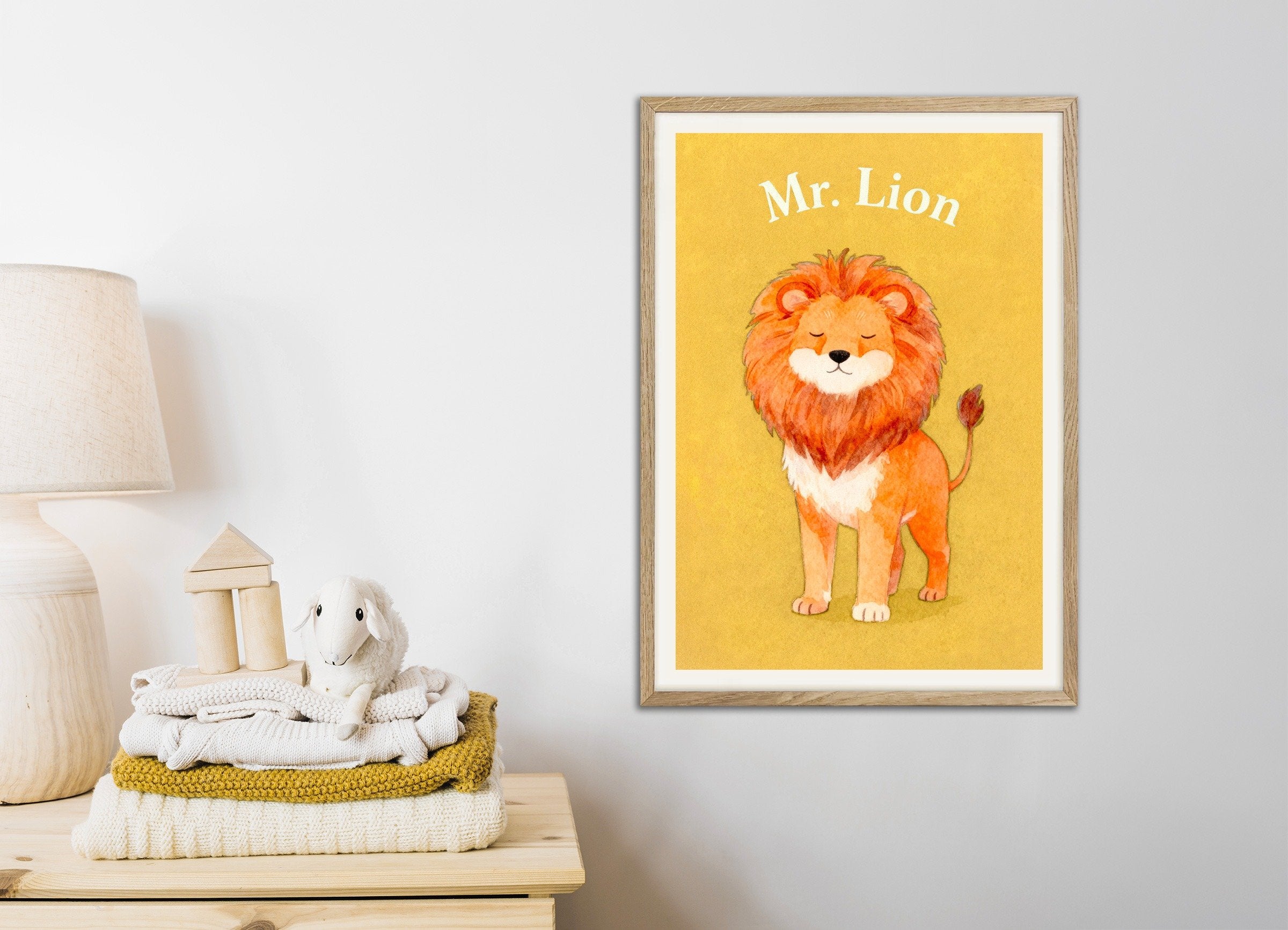Poster of Nursery lion wall art – Jungle king watercolor, with natural wooden frame